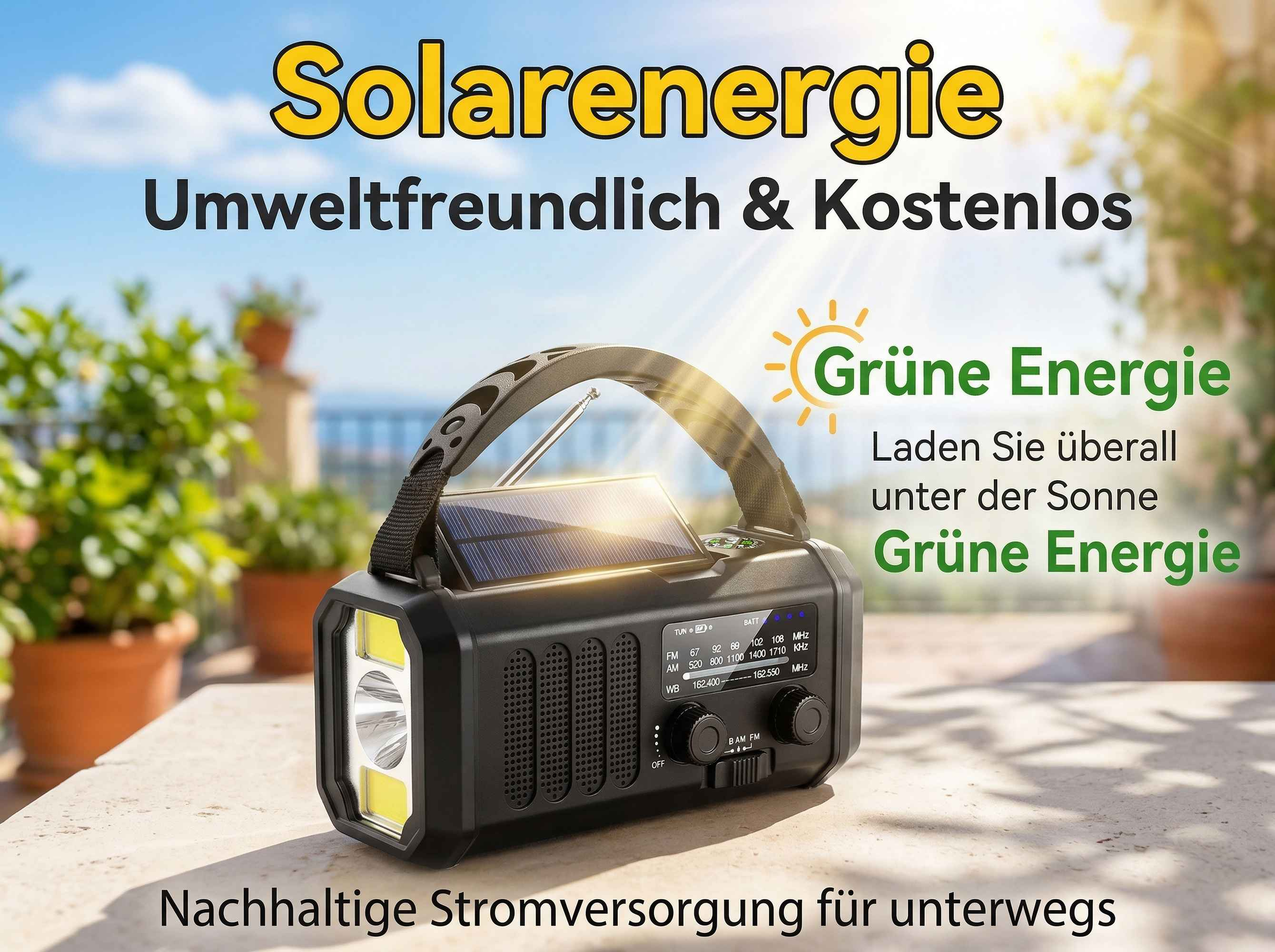 Schwarzes Solarradio mit Kurbel, Lampe und Antenne auf einer Steinplatte.