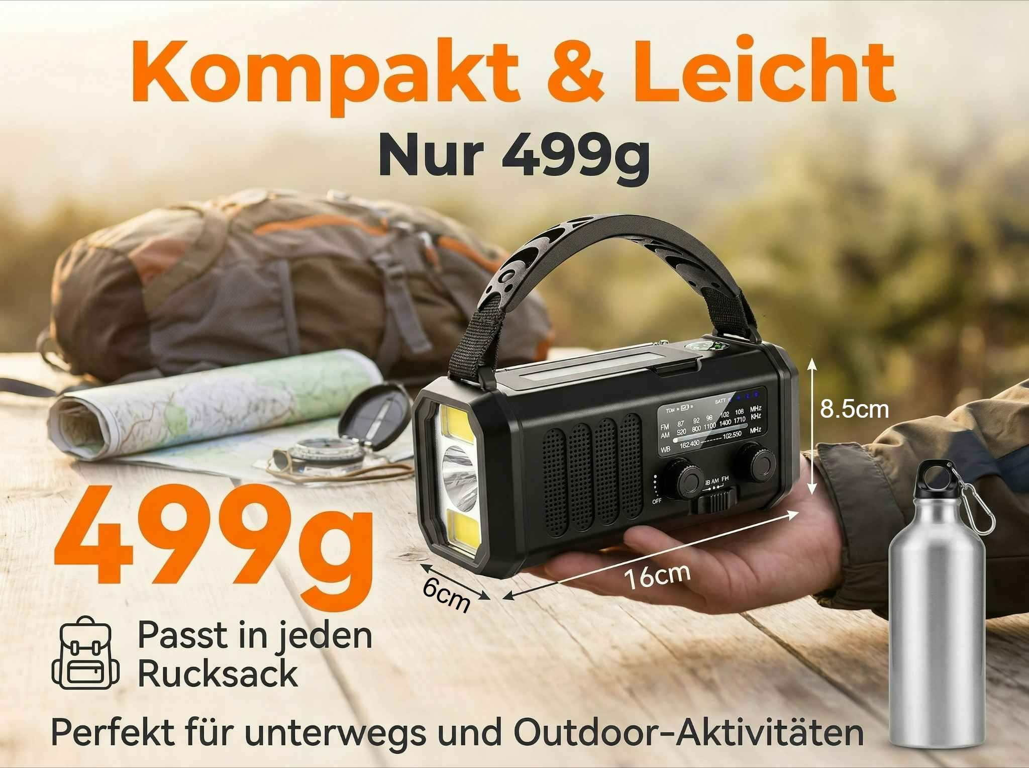 Ein tragbares Radio mit Taschenlampe, Wanderrucksack, Karte und Wasserflasche.