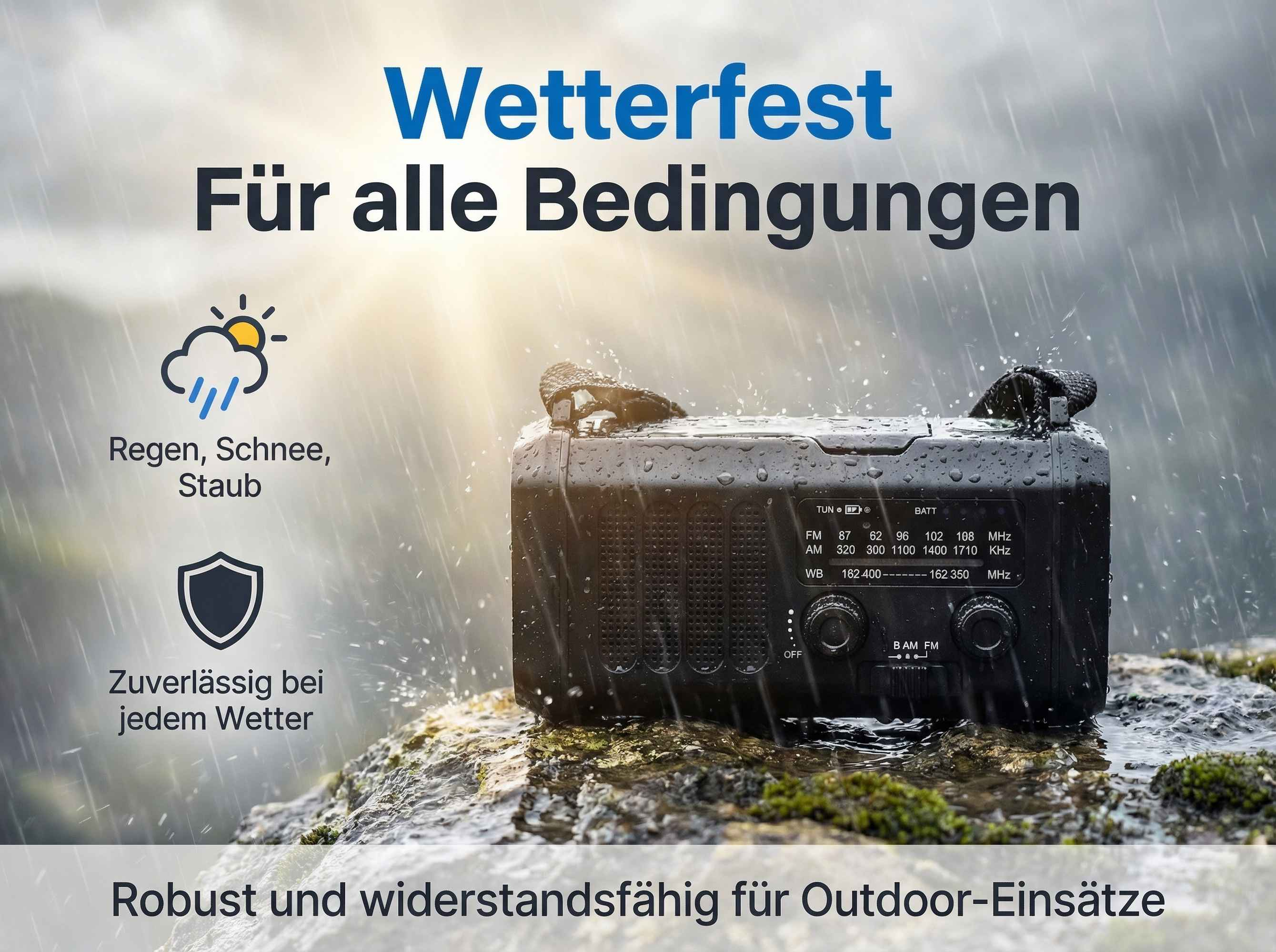 Ein schwarzes Radio steht im Regen auf einem Stein. Wetterfest und robust.