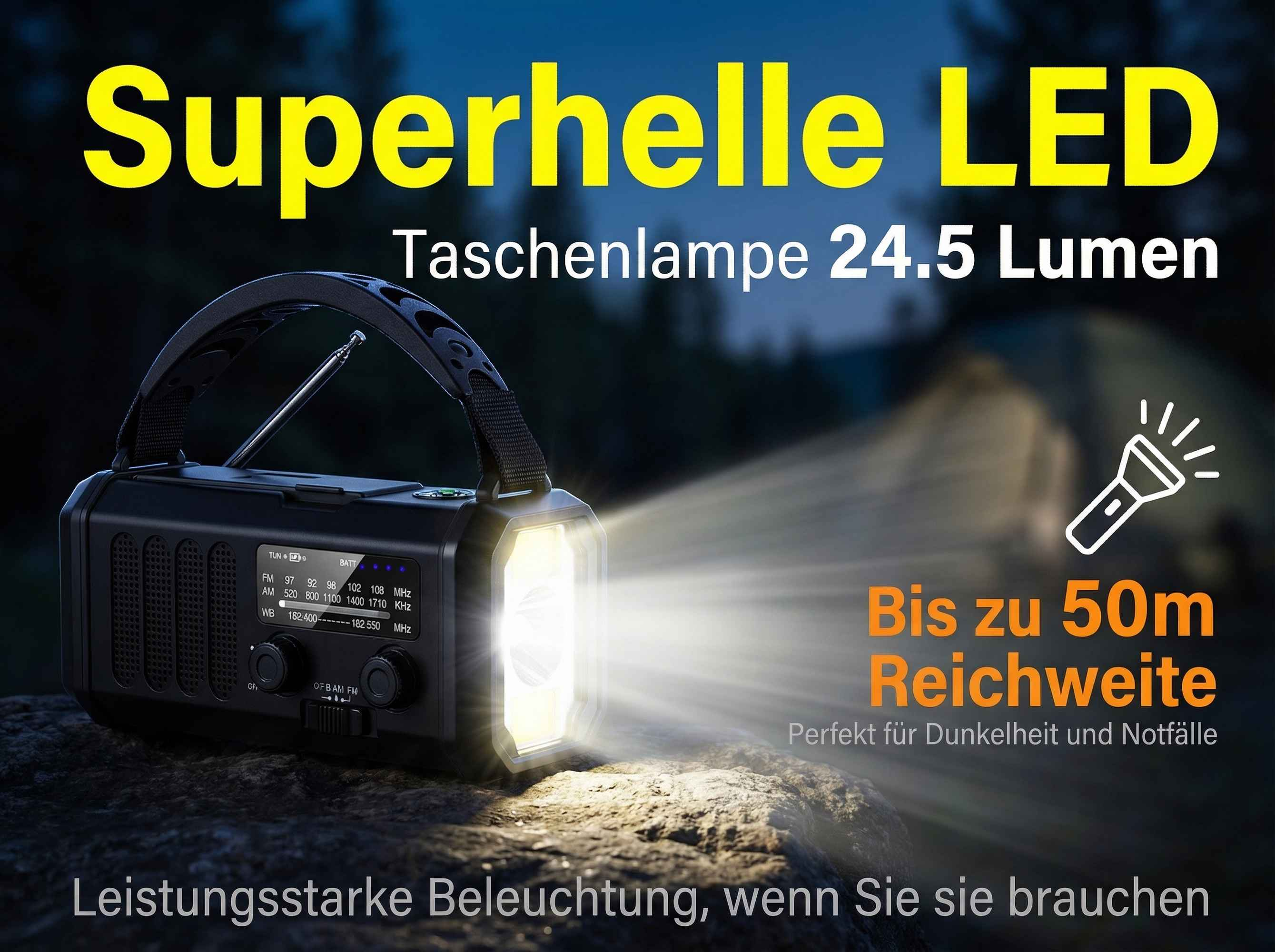 Schwarze LED-Taschenlampe mit Radiofunktion, leuchtet hell.