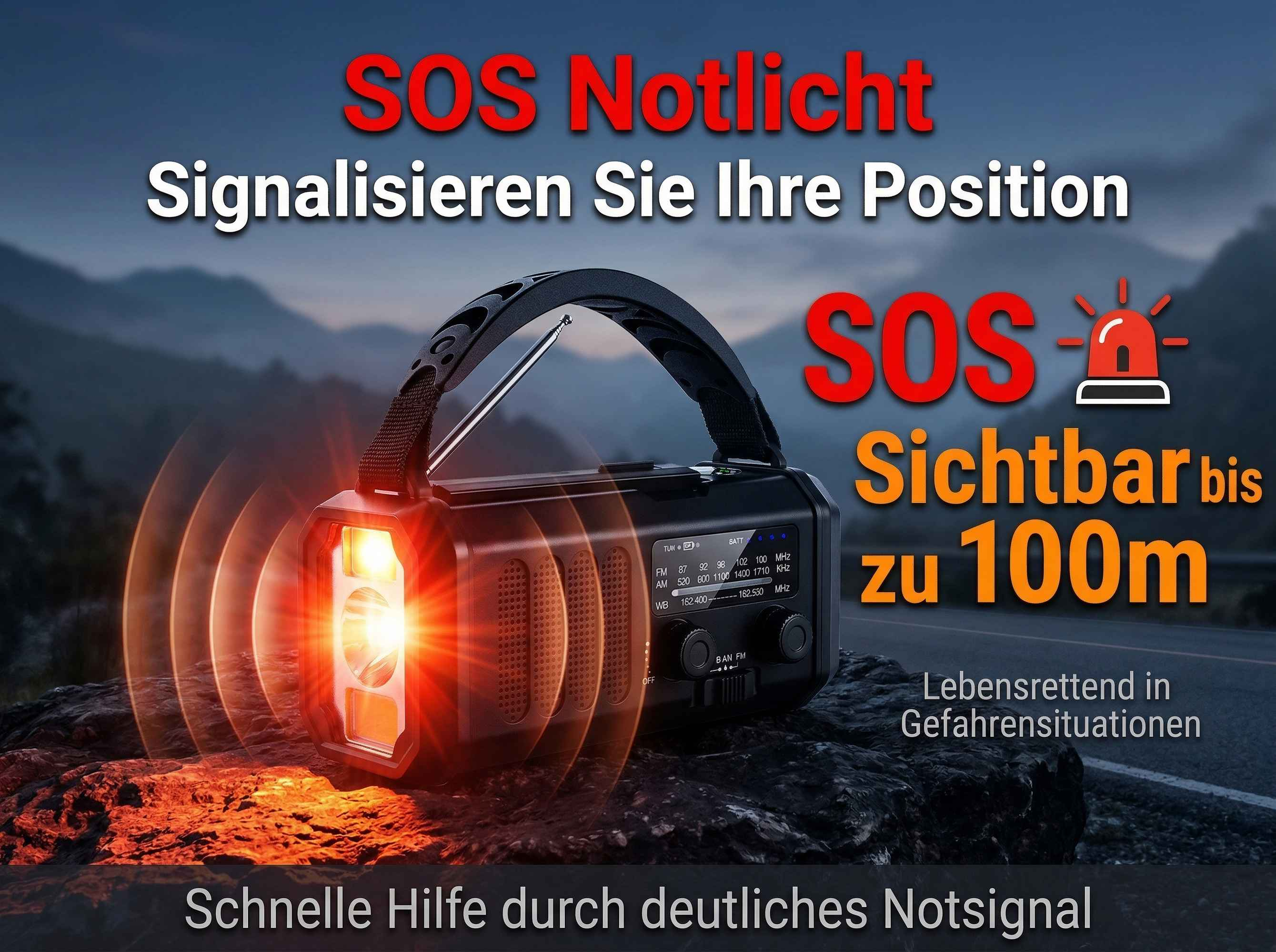 Ein Notfallradio mit Taschenlampe und SOS-Funktion auf einem Felsen.