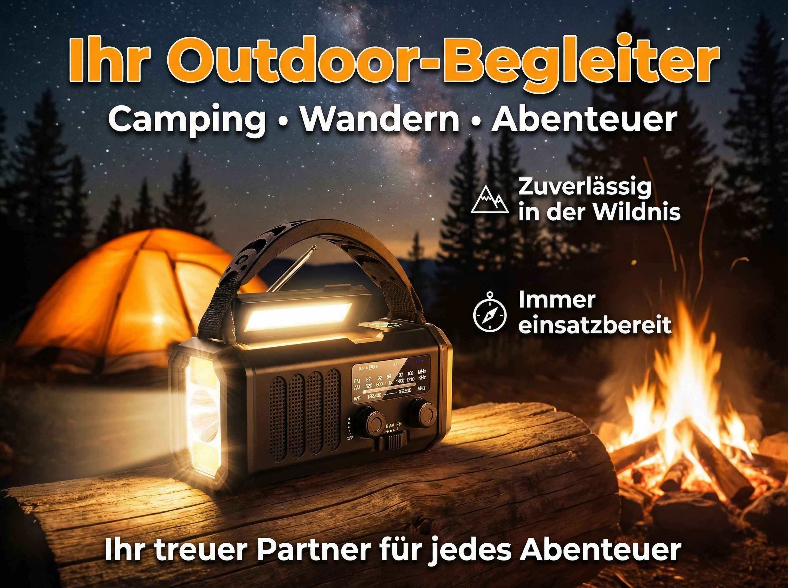 Ein tragbares Radio mit Taschenlampe steht vor einem Lagerfeuer und Zelt.