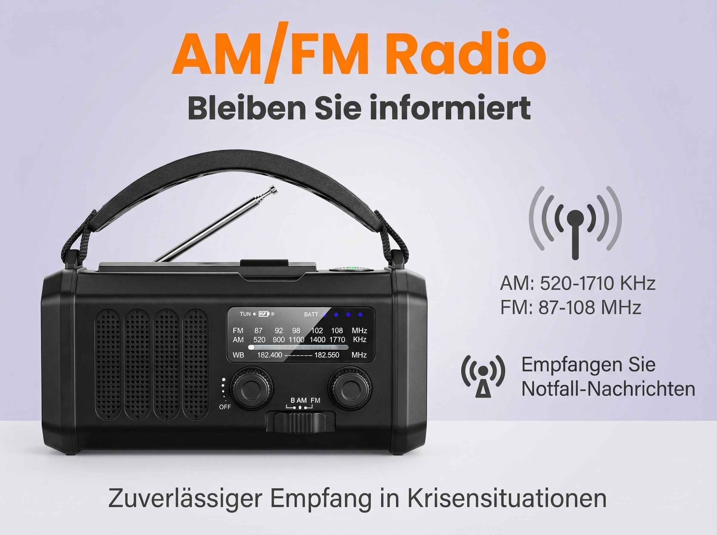 Ein schwarzes AM/FM-Radio mit ausziehbarem Antennenstab und Display.