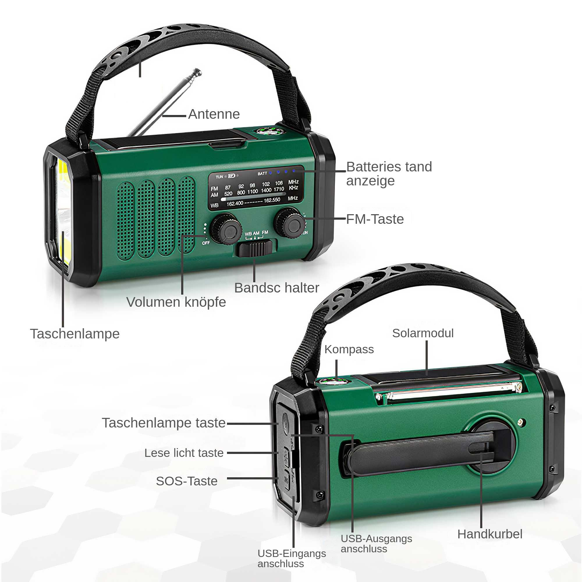 Grünes Notfallradio mit Solarpanel, Kurbel, Taschenlampe, Kompass, Antenne und USB-Anschlüssen.