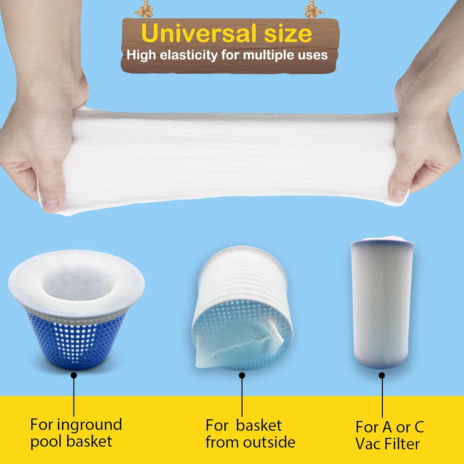 Drei Poolfilter-Zubehörteile: Korb, Außeneinsatz und A/C-Vakuumfilter.