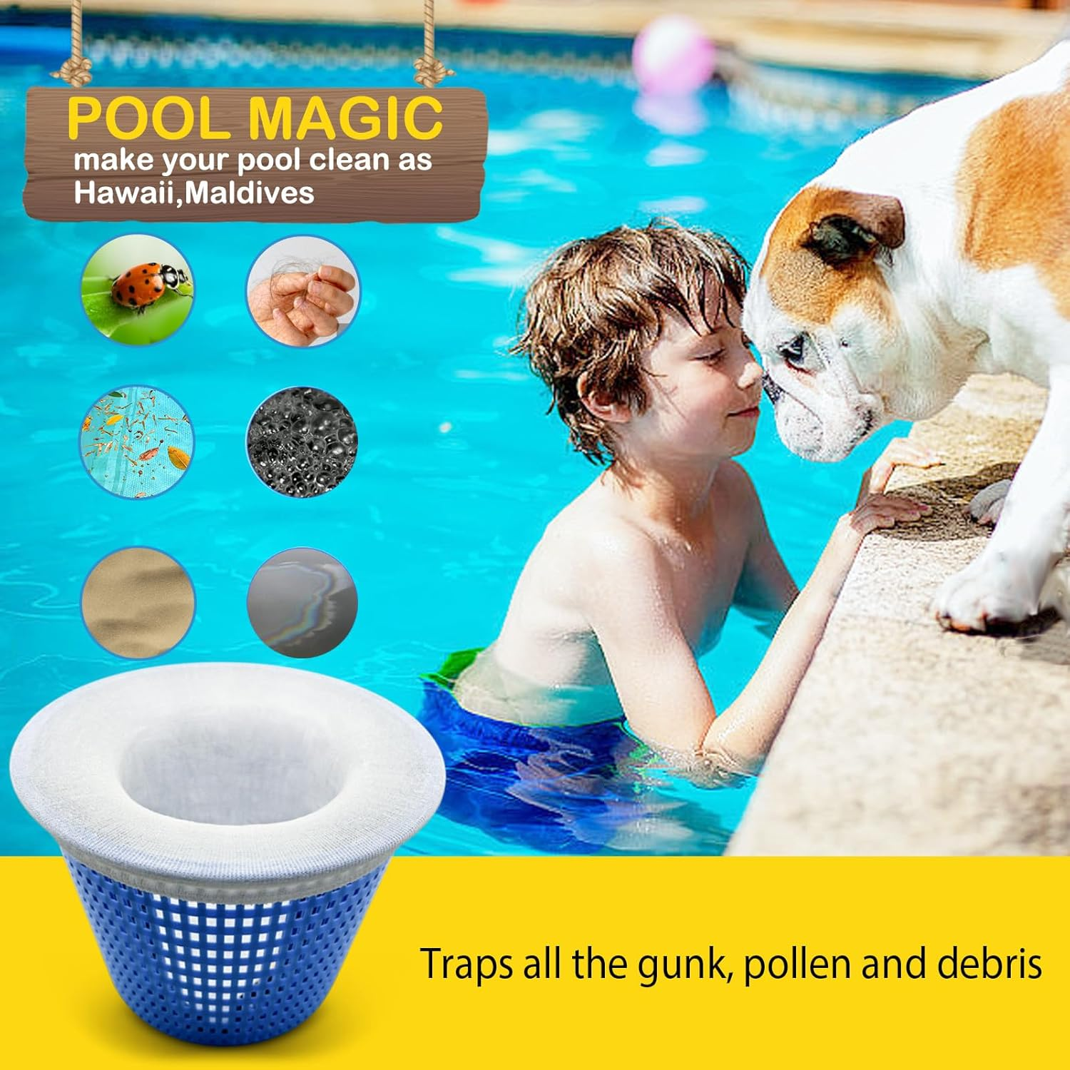 Ein Junge und ein Hund am Pool, daneben ein Poolkorb und kleine Bilder.