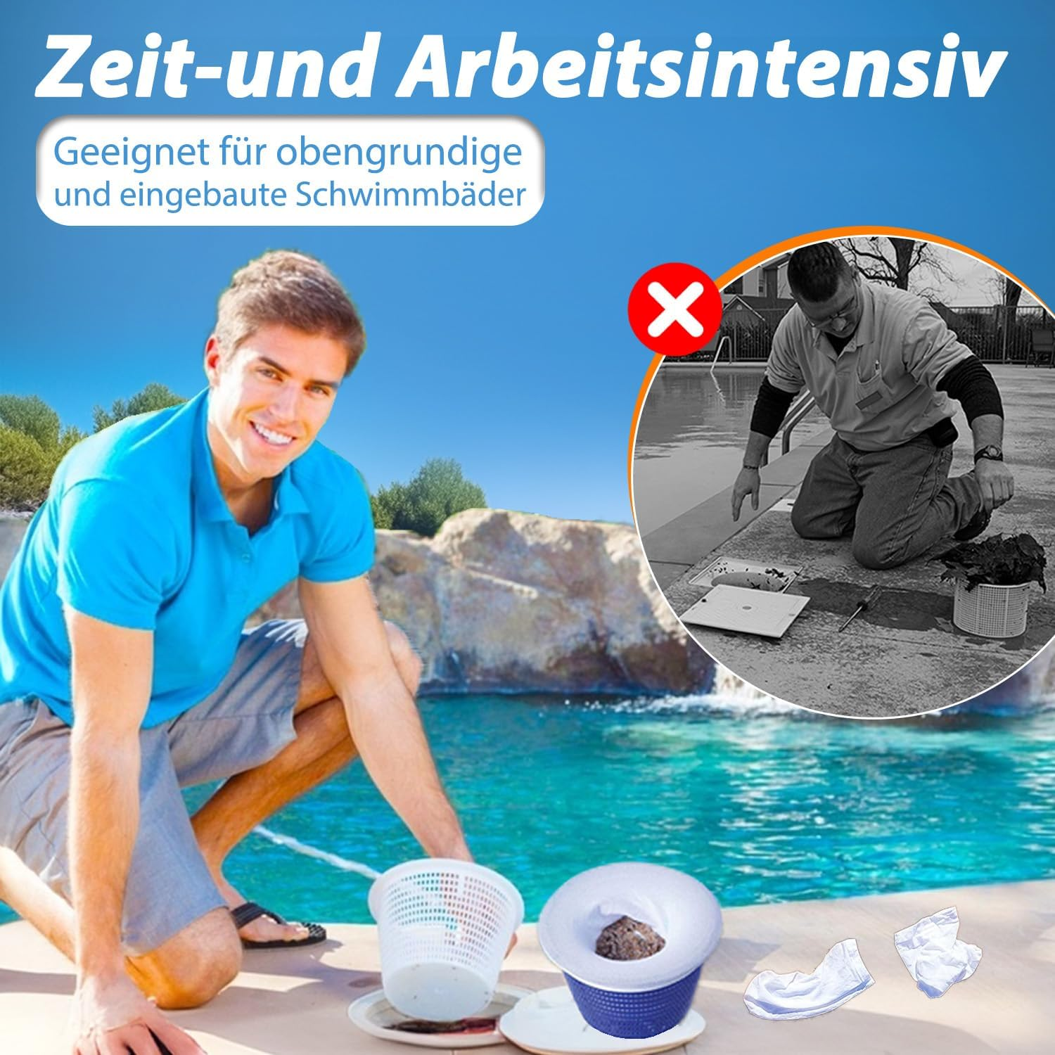 Mann am Pool mit zwei Körben, daneben ein Mann, der den Pool reinigt.