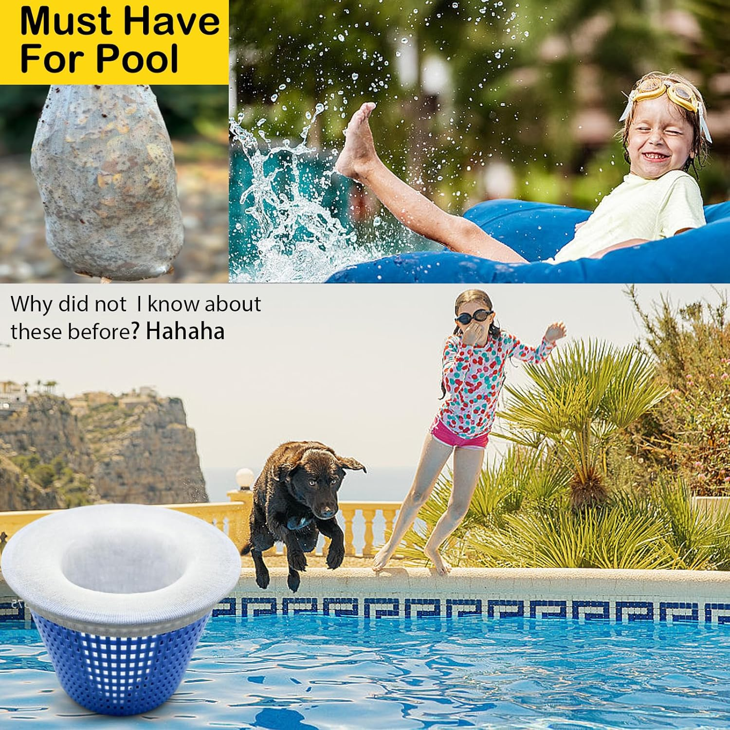 Ein nasser Korb und spielende Kinder am Pool mit einem Hund, der springt.