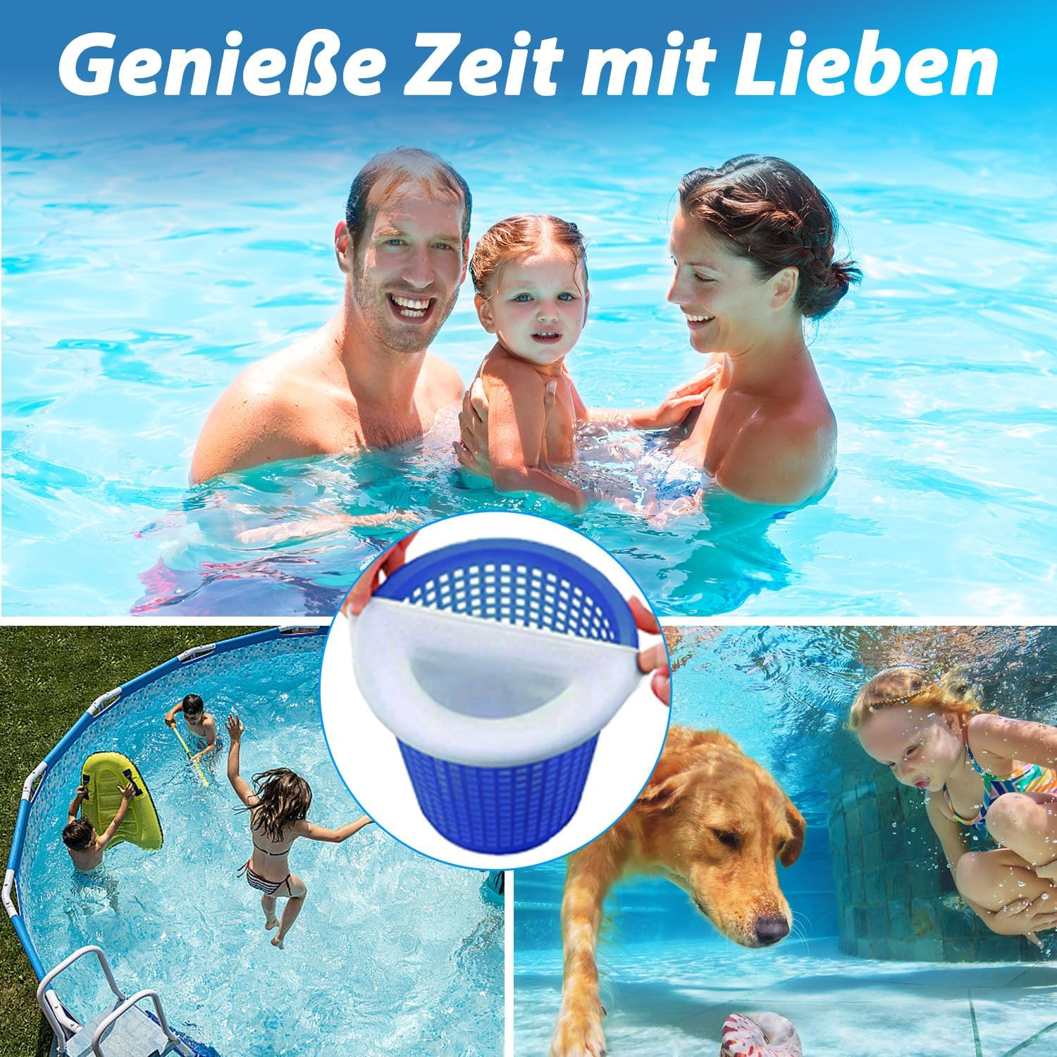 Familie und Hund genießen den Pool. Ein Skimmerkorb wird gezeigt.