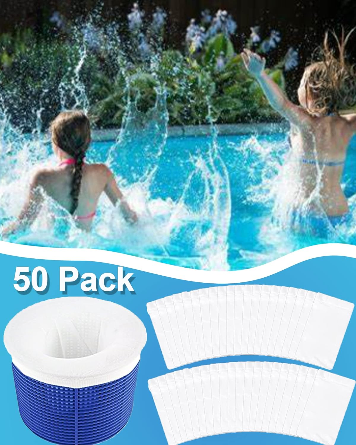 50 Packung Poolfilterkörbe und weiße Filterbeutel auf blauem Hintergrund.