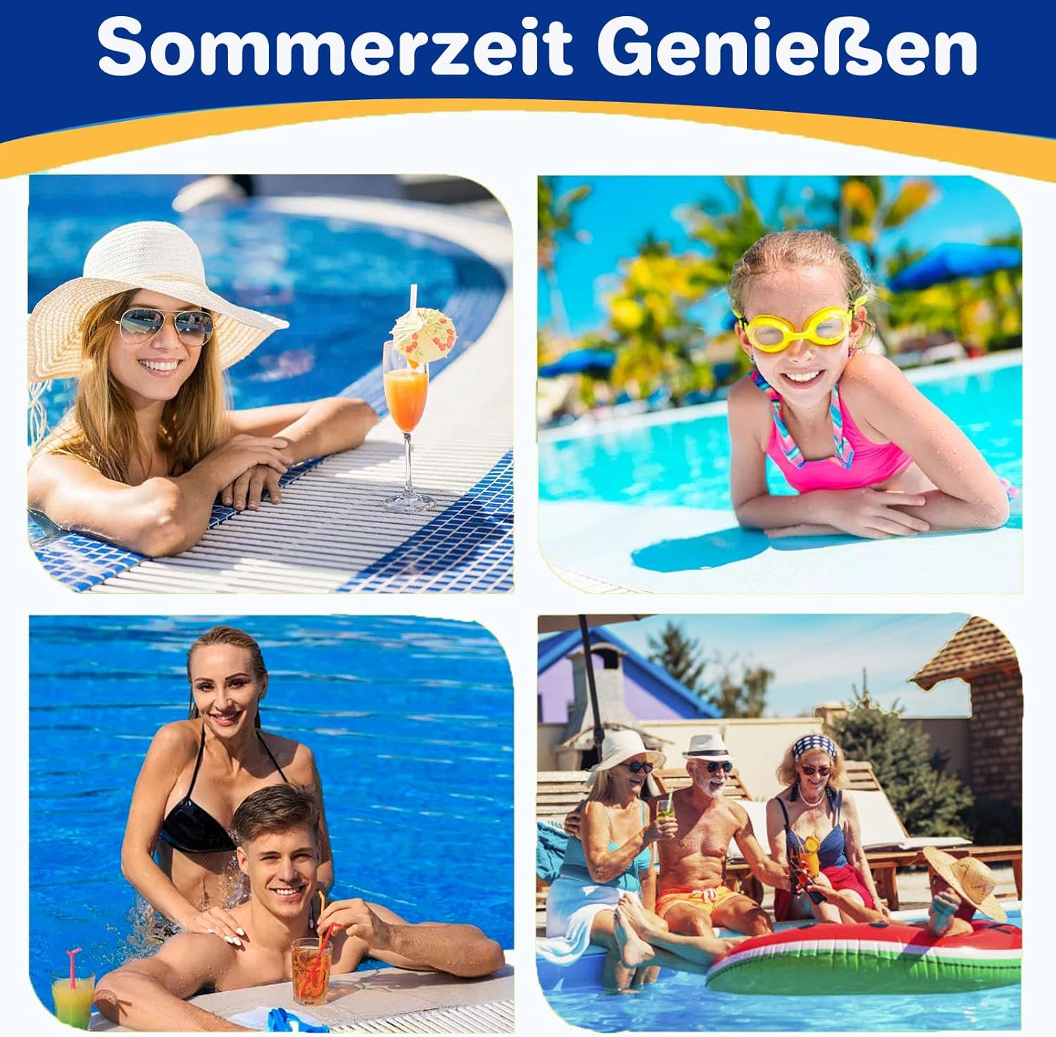Vier Szenen von Menschen, die den Sommer am Pool genießen.