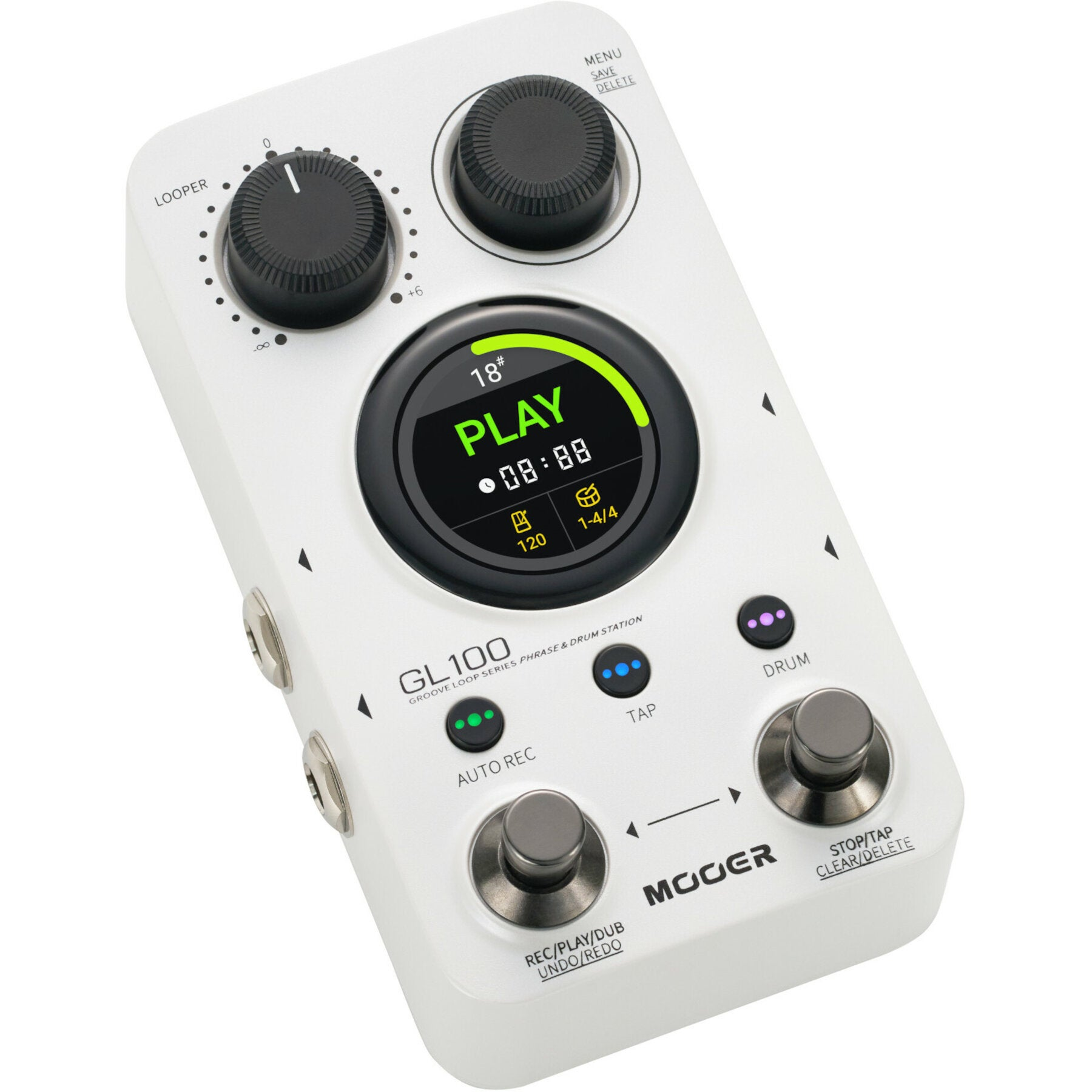 Een wit Mooer GL100 looper-pedaal met knoppen, een scherm en knoppen.