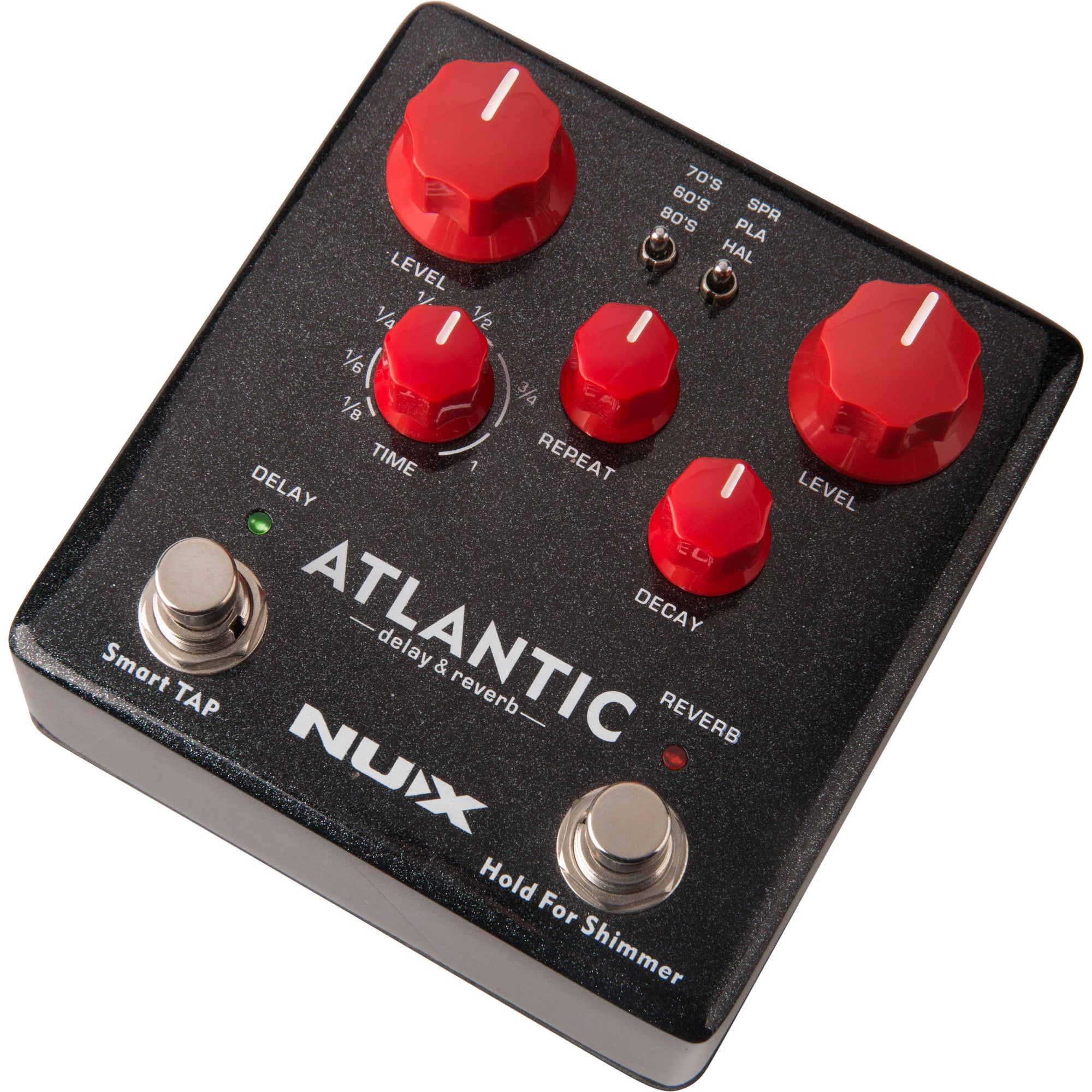 Black NUX Atlantic delay & reverb pedal with red knobs and silver footswitches.