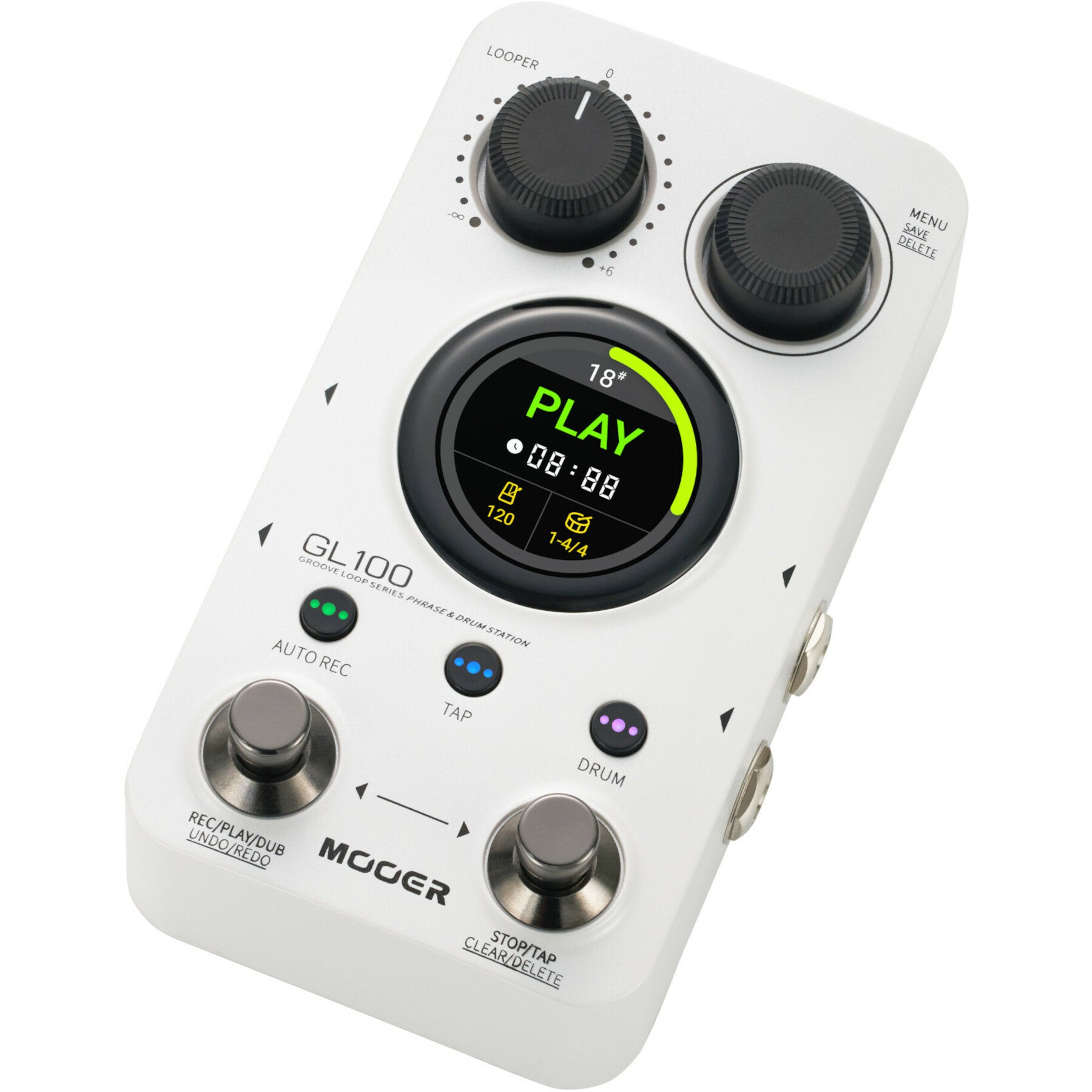 Een wit Mooer GL100 looper-apparaat met zwarte knoppen en een verlicht scherm.
