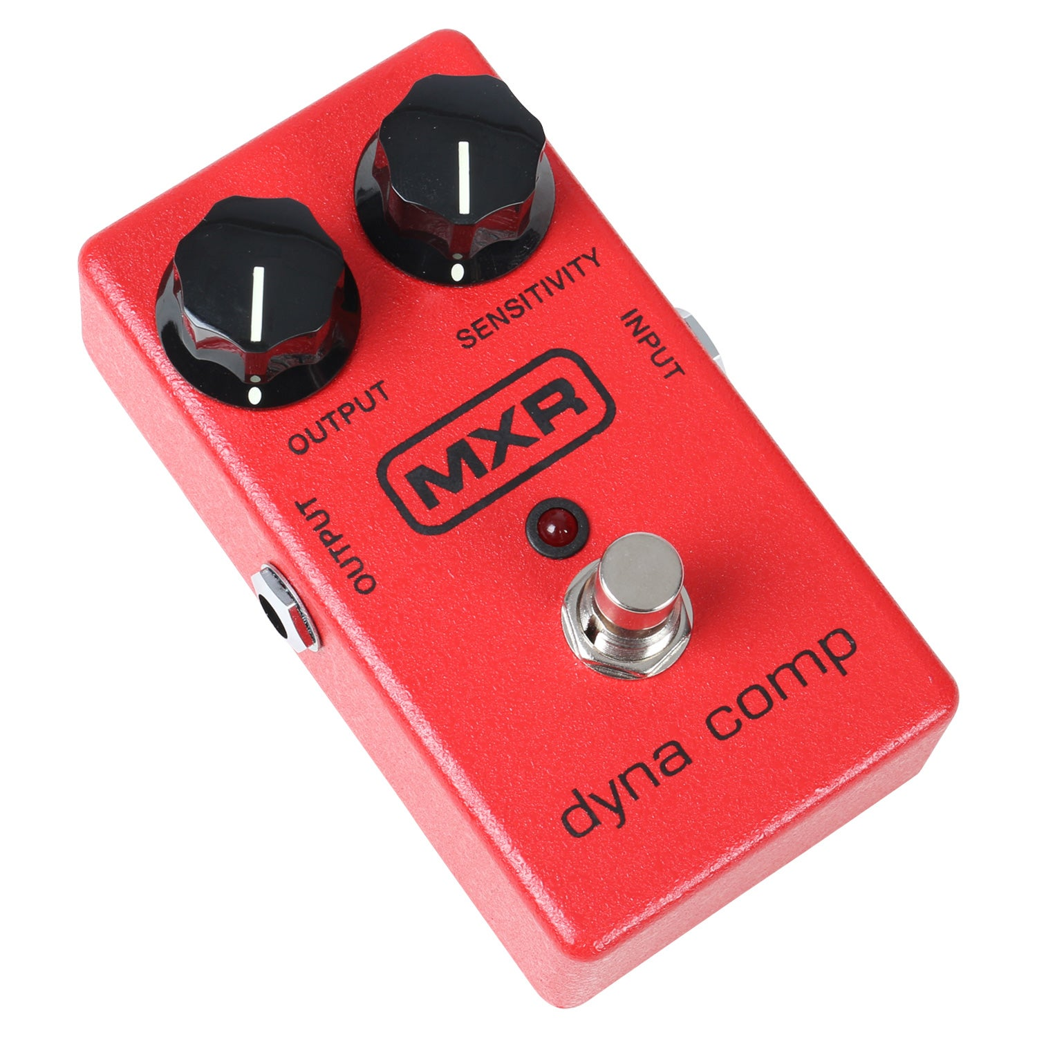 Een rood MXR dyna comp gitaareffectpedaal met twee zwarte knoppen en zilveren voetschakelaar.