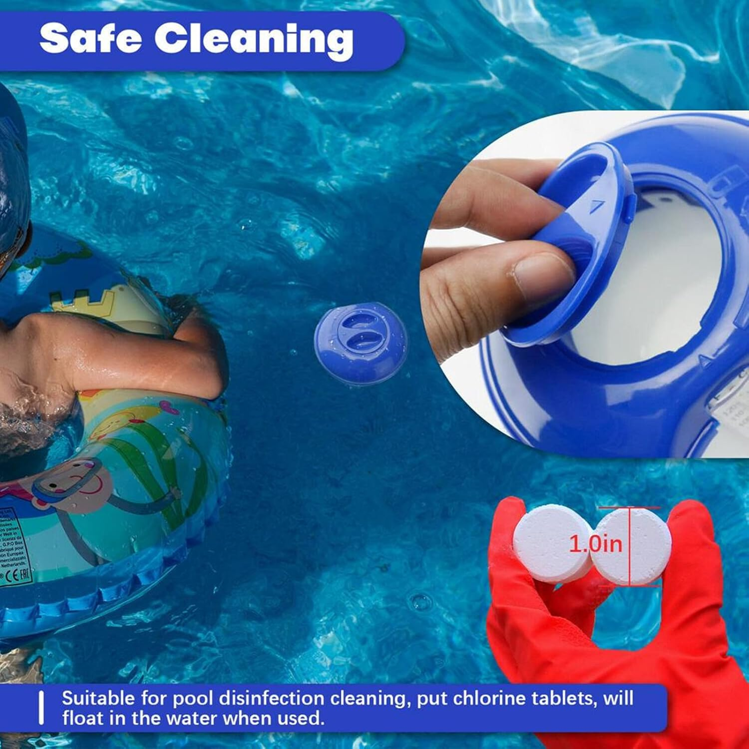 Kind im Pool mit Schwimmring; Hände mit Chlortabletten und Öffner.