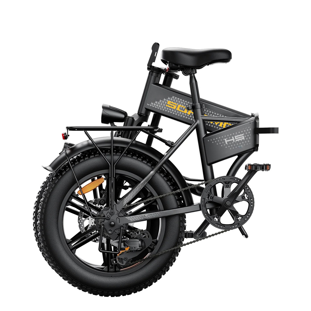 Czarny składany rower elektryczny z grubymi oponami i bagażnikiem.