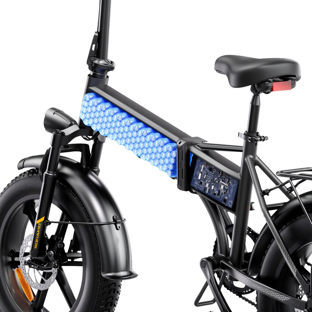 Czarny rower elektryczny z niebieskim pakietem baterii i widoczną płytką drukowaną.