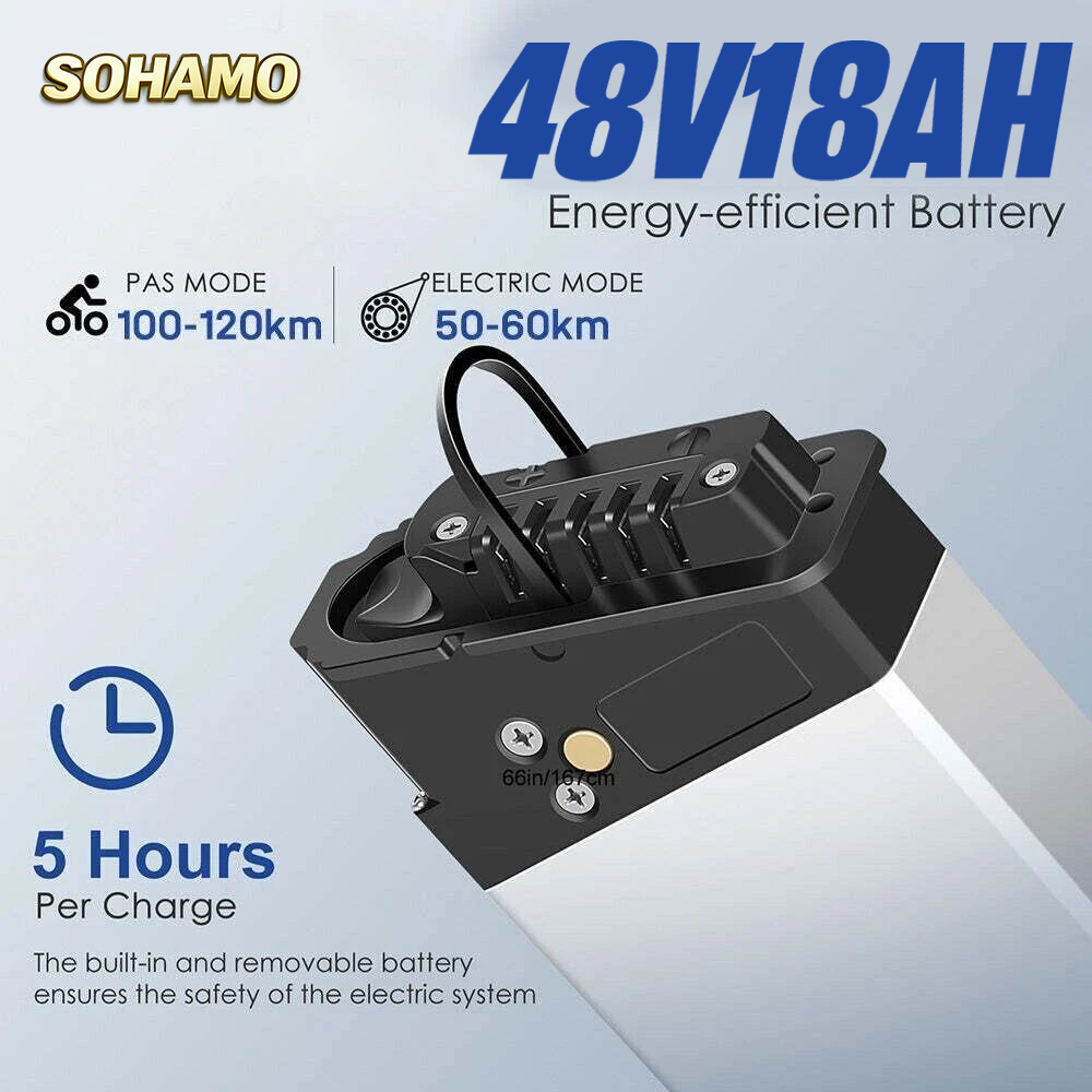 Bateria SOHAMO 48V18AH, ładowanie 5h, zasięg 50-120km.