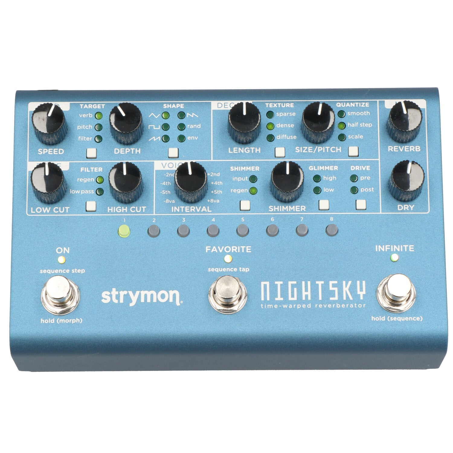Blauwe Strymon NightSky pedaal met knoppen, schakelaars, lampjes en labels.