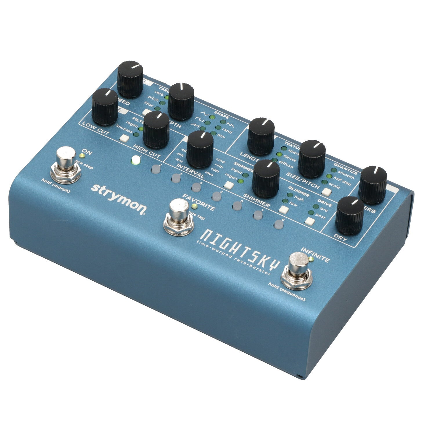 Een blauw Strymon NightSky reverb pedaal met meerdere knoppen, knoppen en LED's.