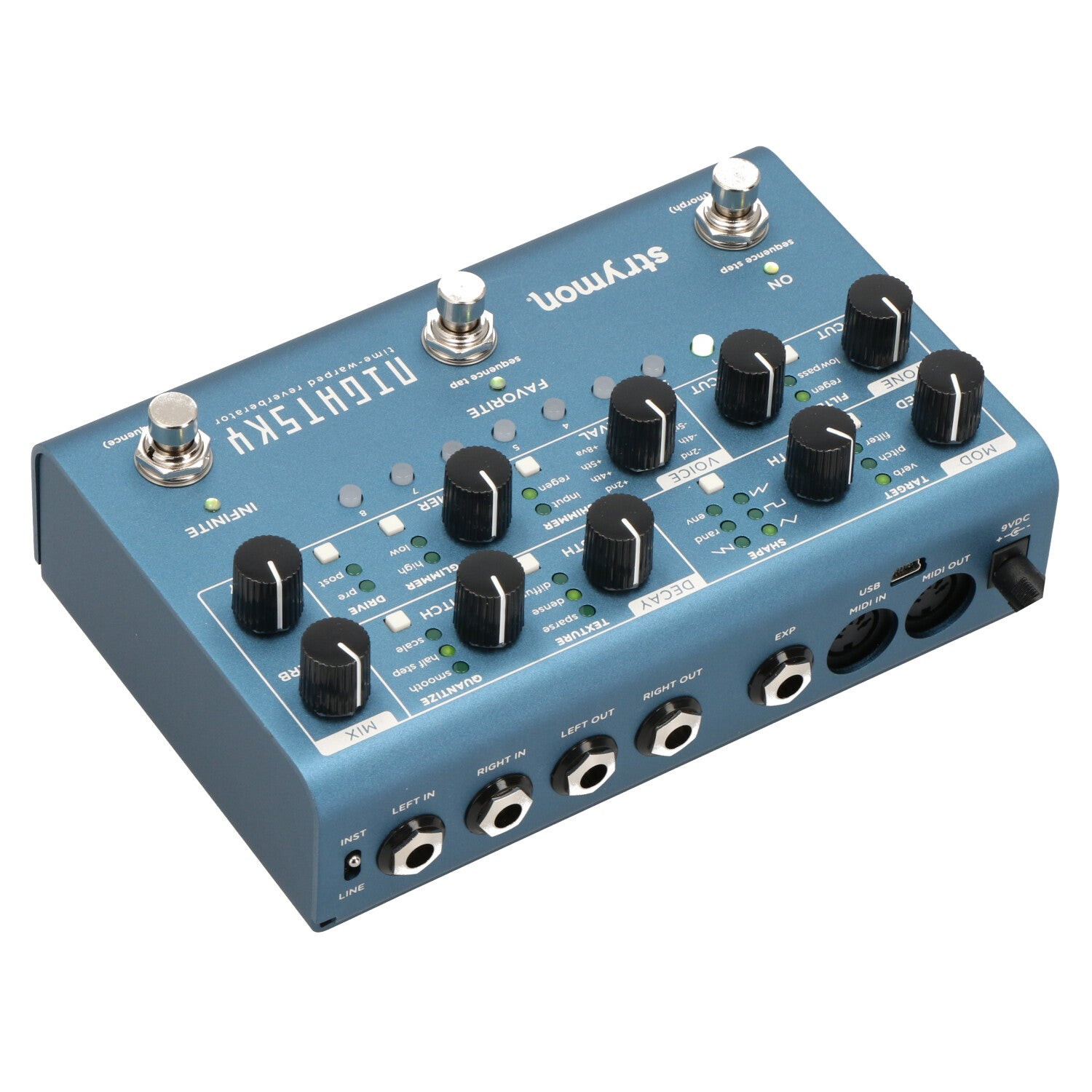 Een blauw Strymon Nightsky effectpedaal met vele knoppen en aansluitingen.