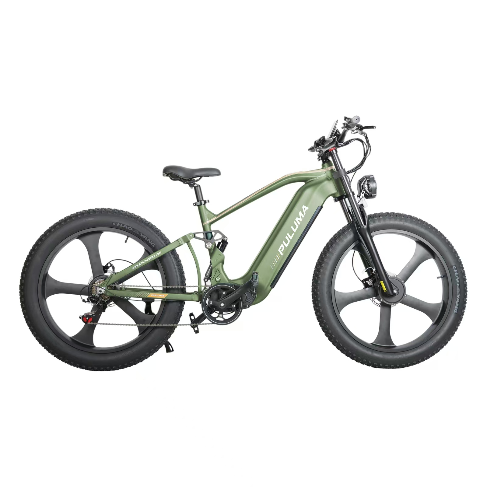 Ein grünes E-Fatbike mit schwarzen Felgen und Federung ist vor weißem Hintergrund zu sehen.