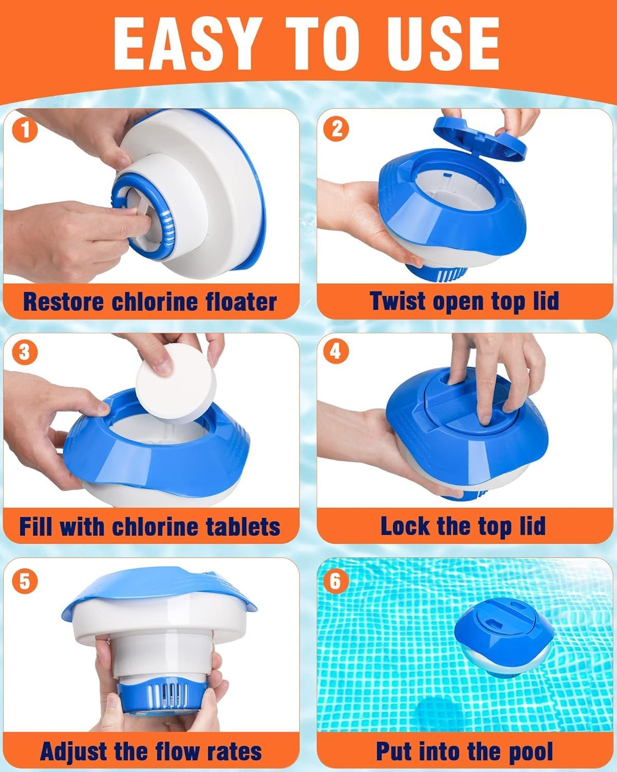 Schritt-für-Schritt-Anleitung zum Befüllen eines blauen Chlor-Schwimmers mit Tabletten und zur Platzierung im Pool.