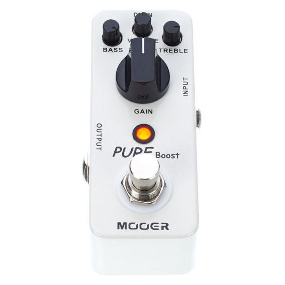 Siyah düğmeli ve turuncu LED ışıklı beyaz Mooer Pure Boost gitar pedalı.