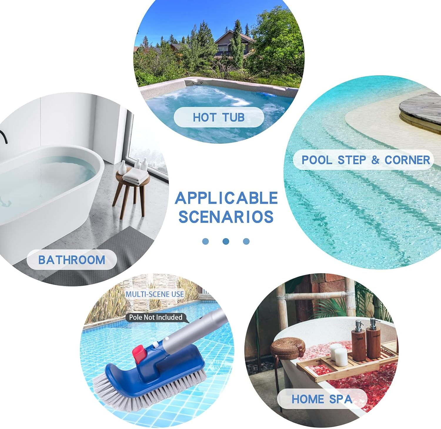 Collage mit Bad, Whirlpool, Poolstufe, Poolreiniger und Heim-Spa.