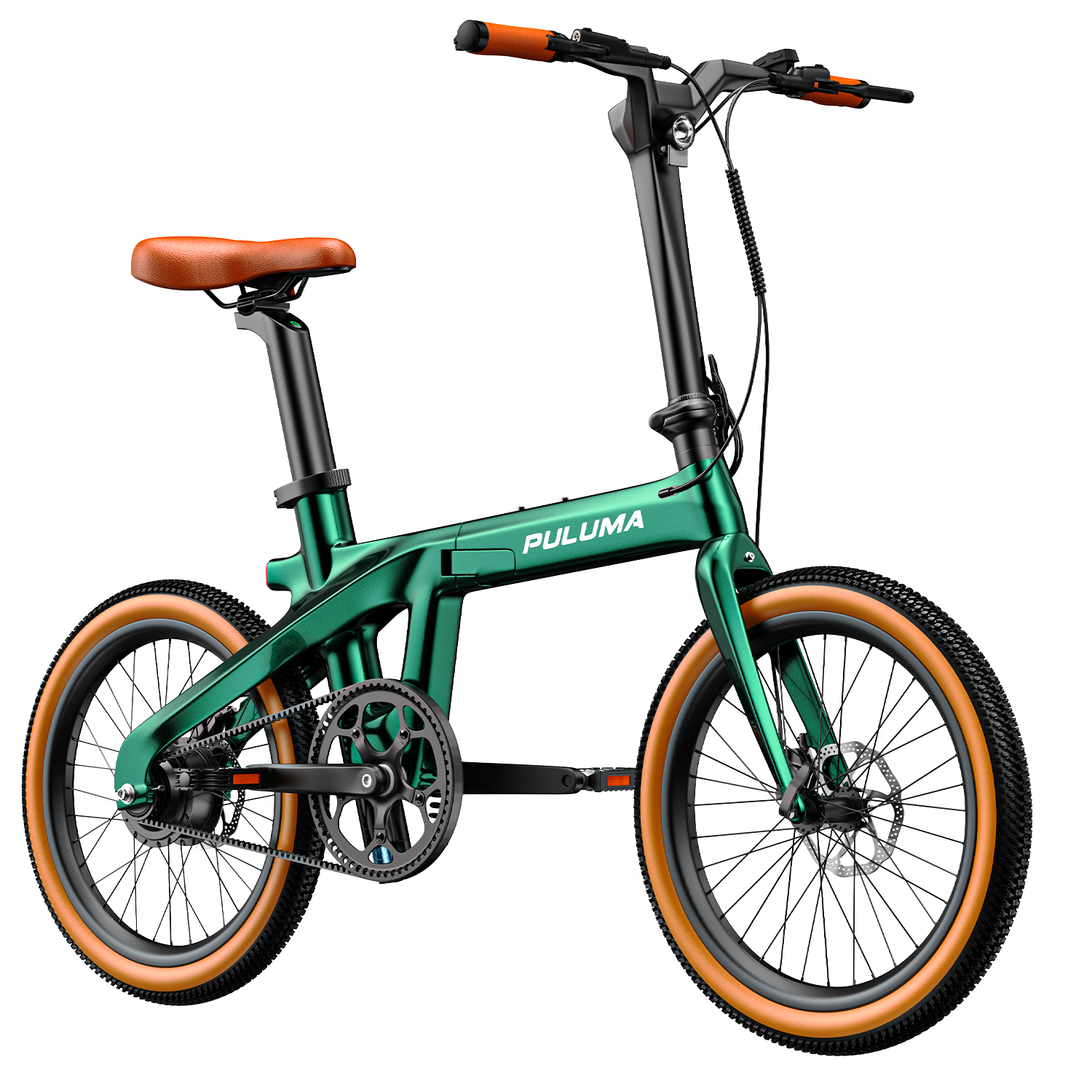 Grünes faltbares Fahrrad mit braunem Sattel und orangefarbenen Griffen.