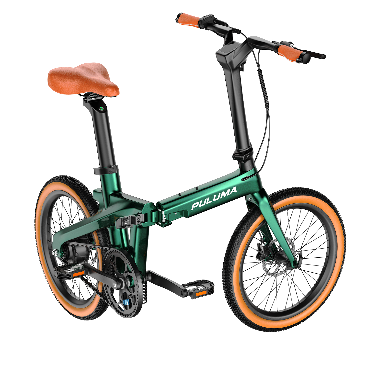 Ein faltbares grünes Fahrrad mit braunen Akzenten und orangen Reifen.