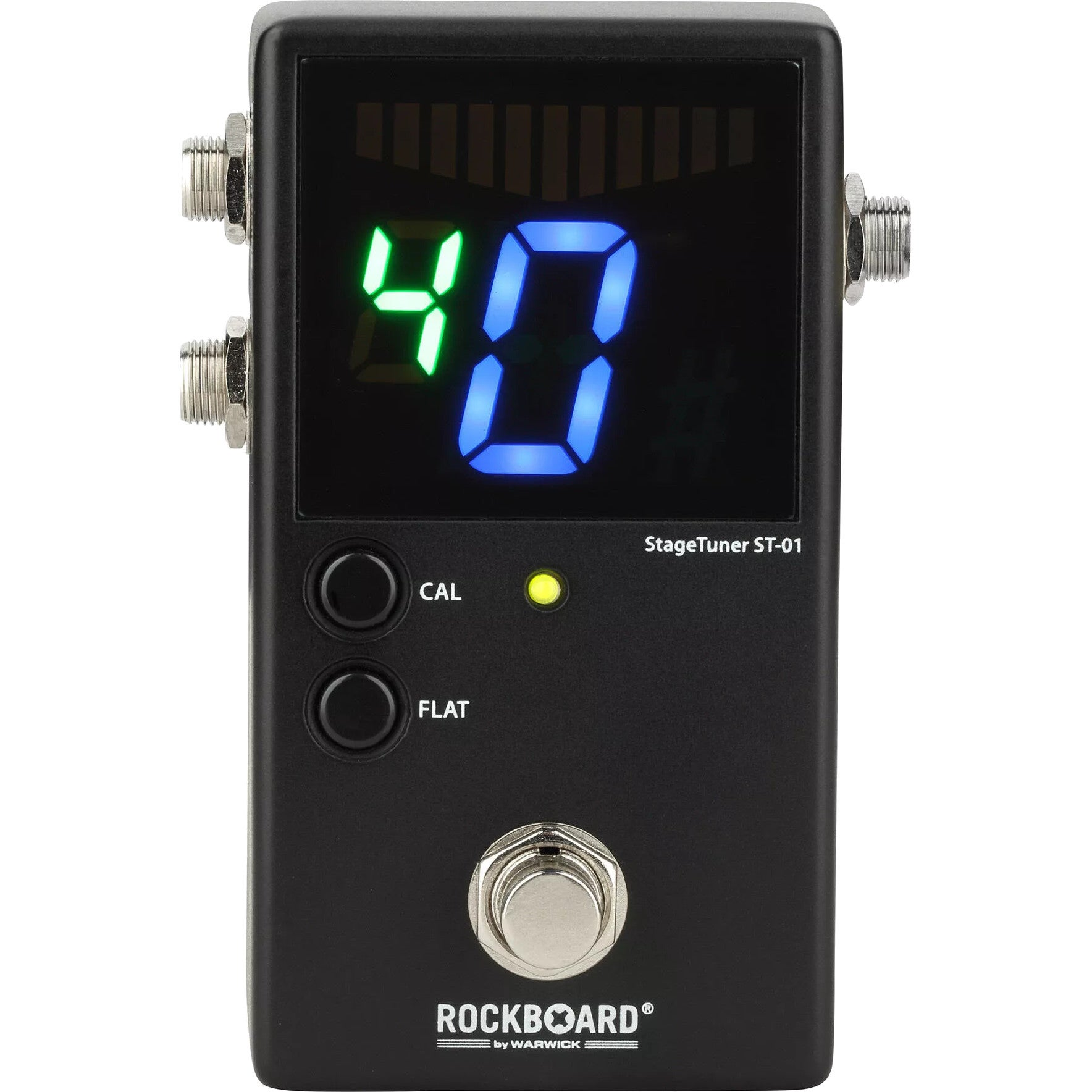 Black guitar tuner with a blue-green display and two buttons.