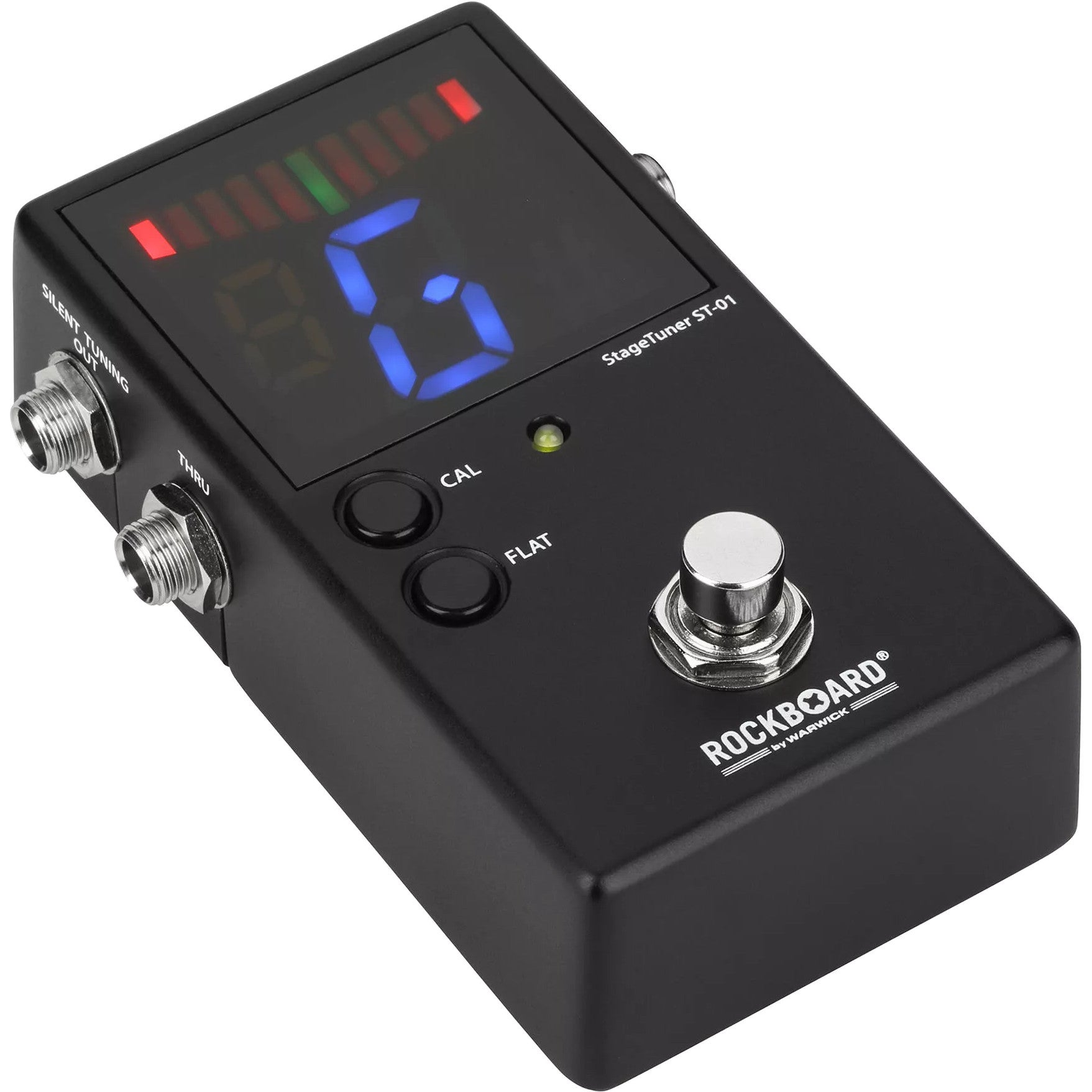 Black guitar tuner with a blue display showing a 'G'.