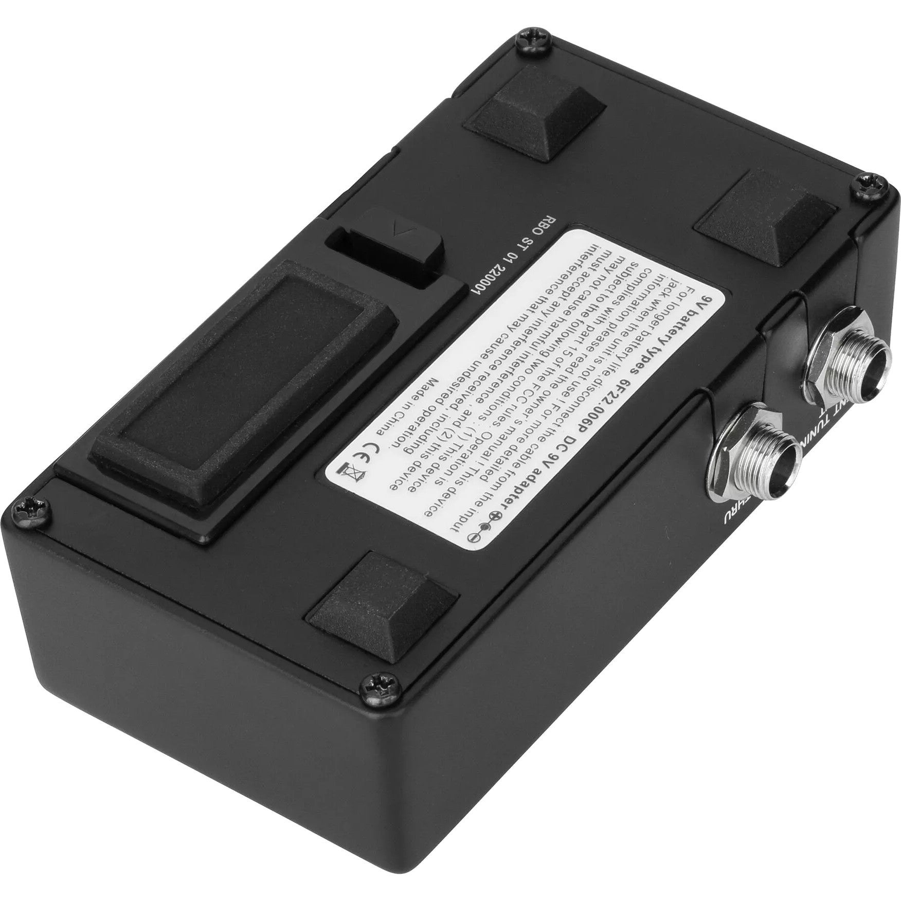 Black electronic device with input/output jacks, label, and rubber feet.