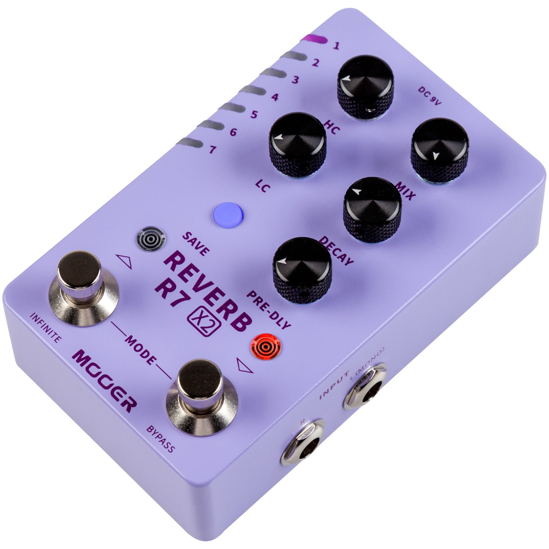 Mor MOOER R7 X2 reverb pedalı, siyah düğmeli ve gümüş ayaklı anahtarlı.
