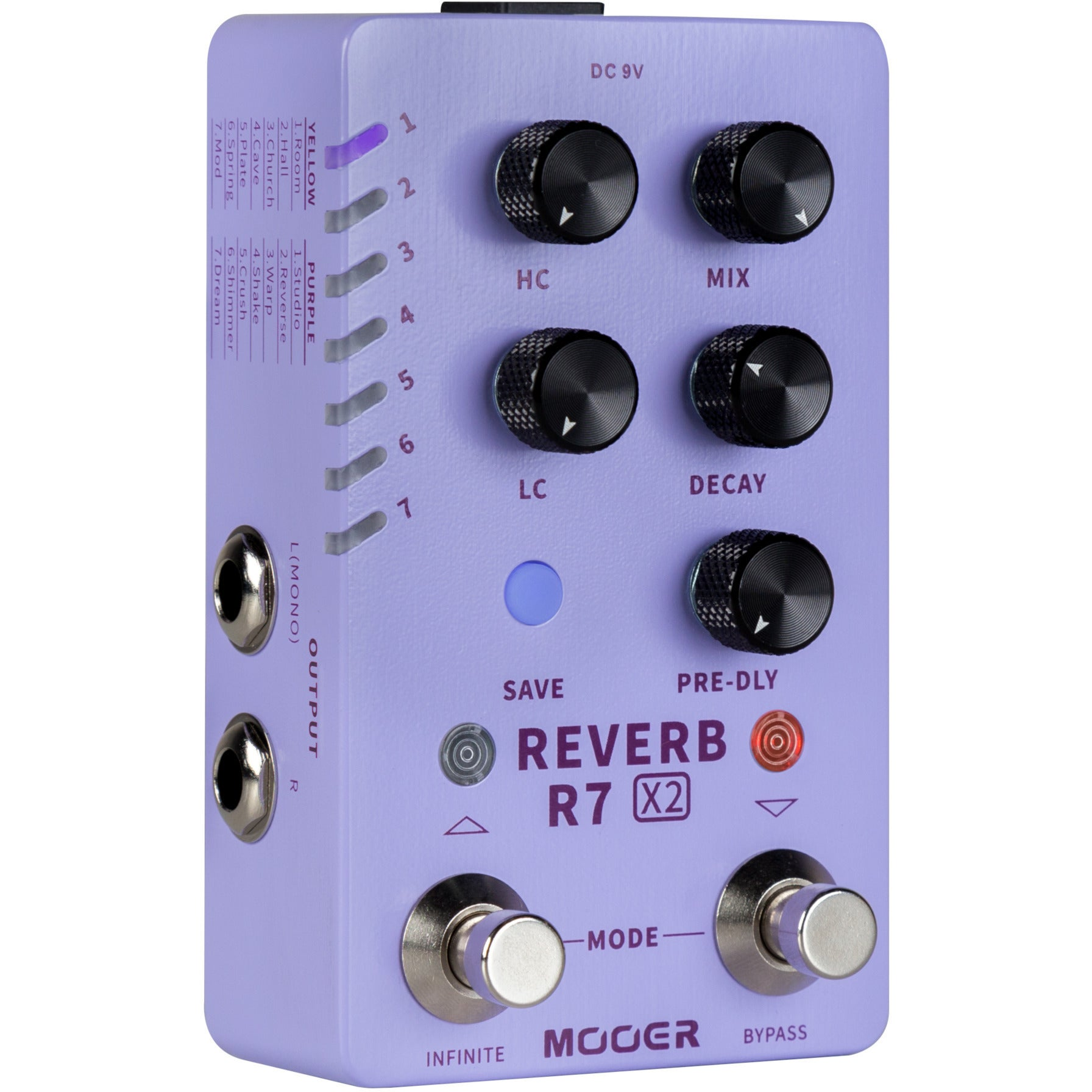 Düğmeler ve anahtarlar ile lavanta rengi Mooer Reverb R7 X2 gitar efekt pedalı.