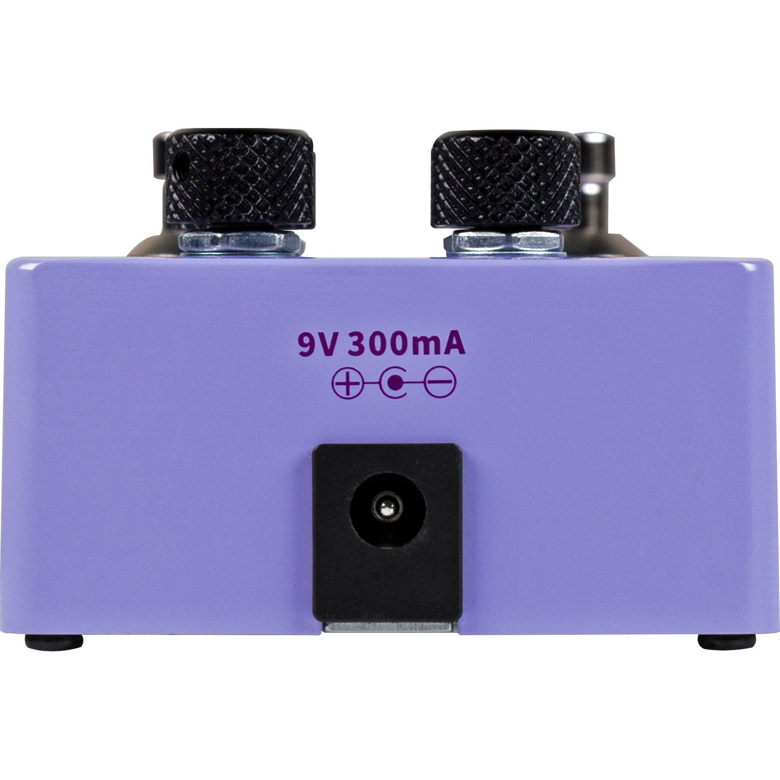 İki siyah düğmeli ve güç jaklı mor pedal. Etiket 9V 300mA.
