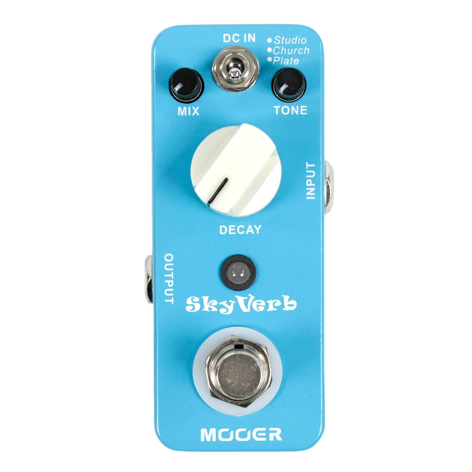 Mix, Tone, Decay düğmeleri ve anahtarları olan mavi efekt pedalı.