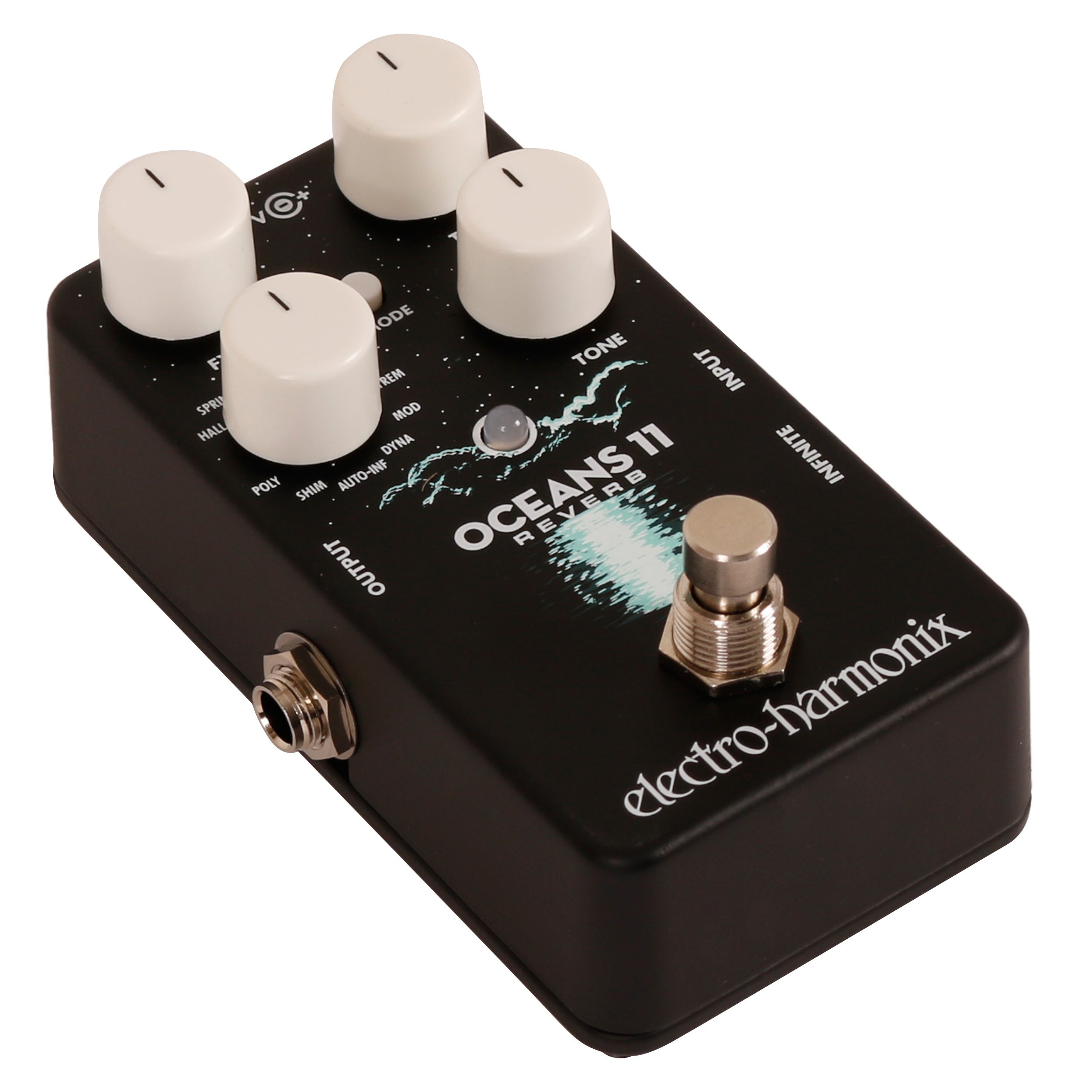 Zwart Electro-Harmonix Oceans 11 reverb-pedaal met witte knoppen en schakelaars.