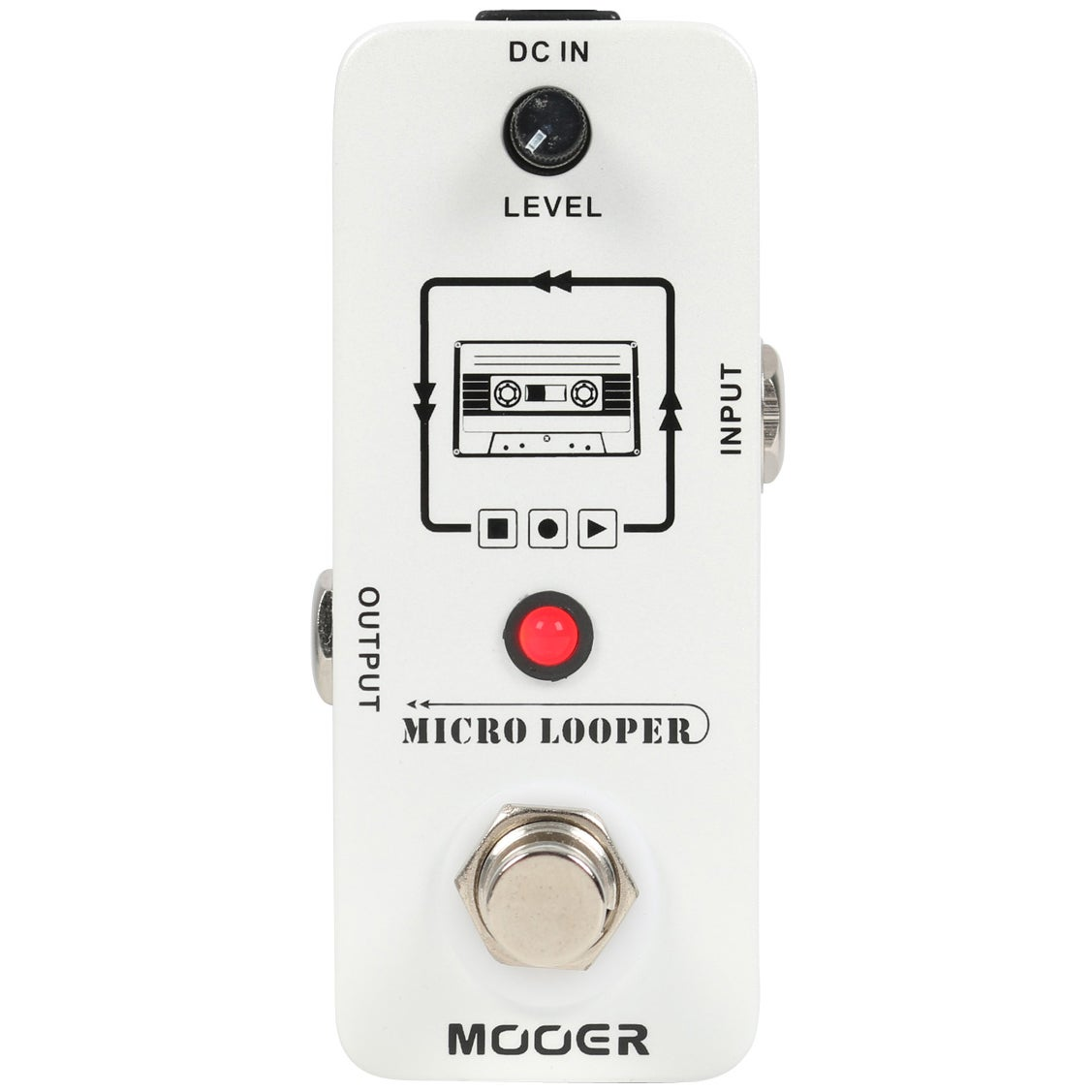 DC IN, Seviye, Giriş, Çıkış, kırmızı LED ve ayak pedalı bulunan beyaz Mooer Micro Looper pedal.