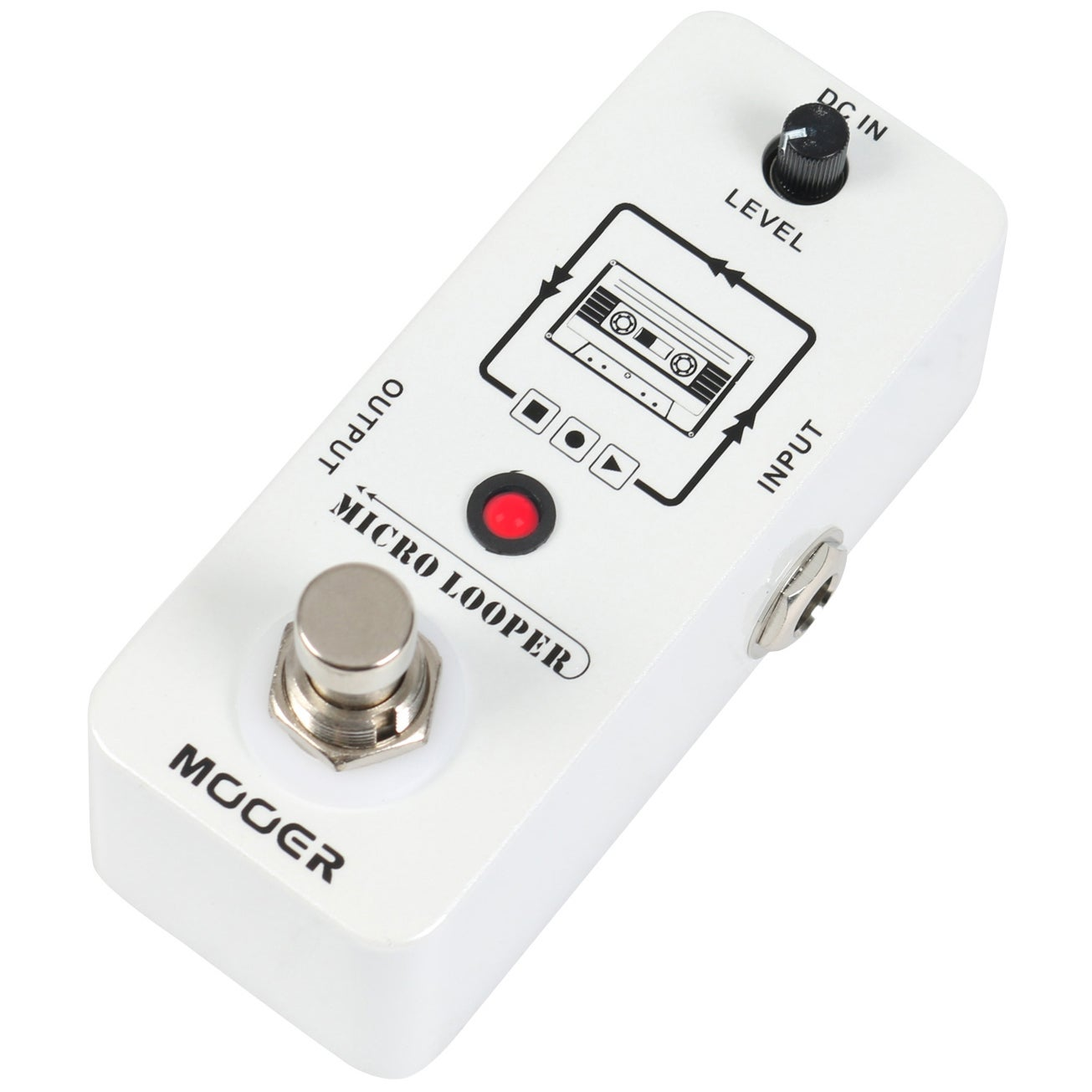Kırmızı düğmeli ve gümüş ayaklı beyaz Mooer Micro Looper pedalı.