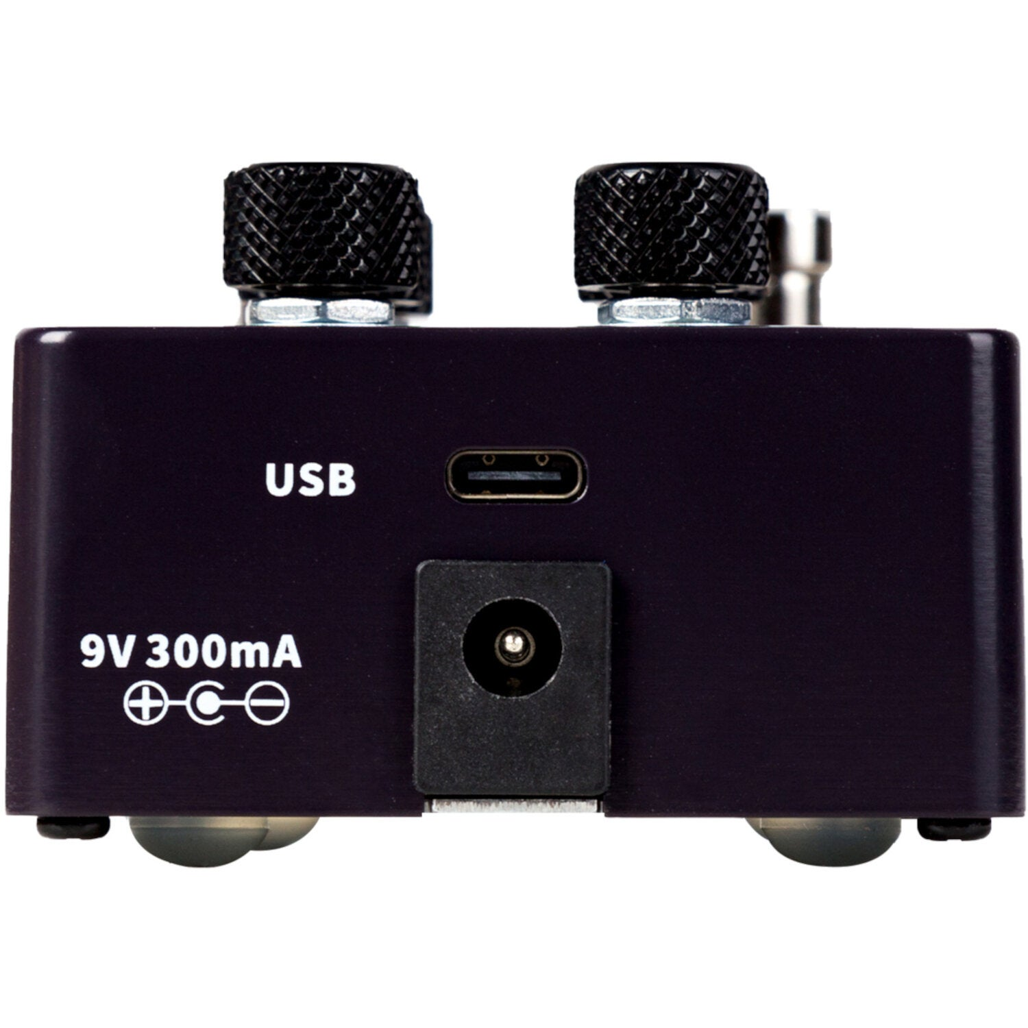 Donkerpaars pedaal met twee zwarte knoppen, USB-poort en 9V 300mA stroomingang.