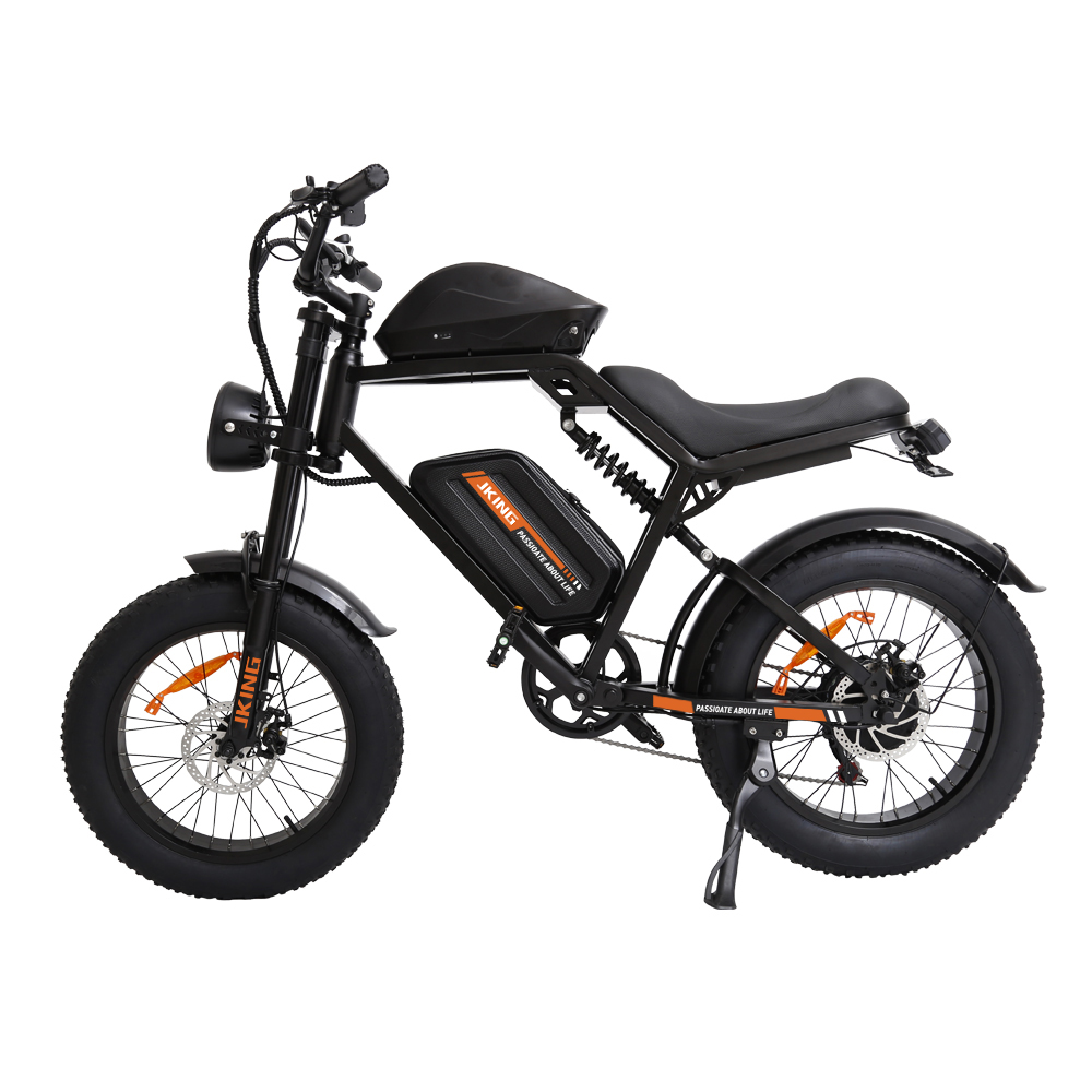Schwarzes E-Bike mit breiten Reifen, Federung und einem seitlichen Akku.