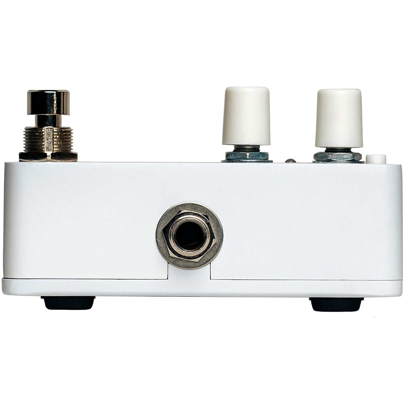 A white pedal with two white knobs, a silver switch, and a jack input.