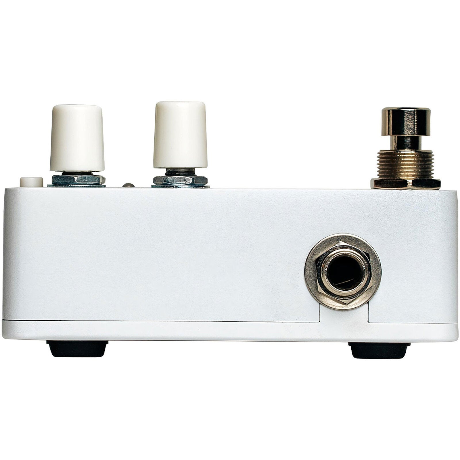 White guitar effect pedal with two white knobs, a gold footswitch, and one input jack.