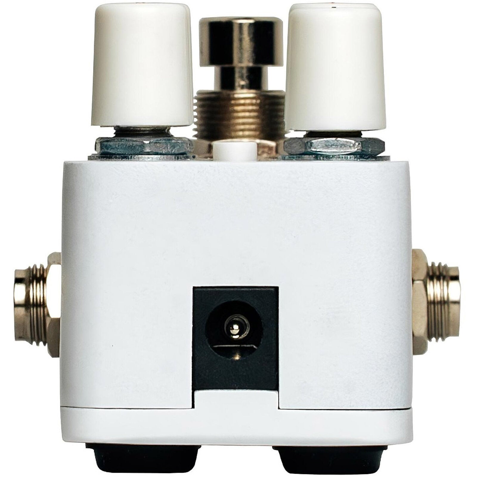 White pedal with two white knobs, a metal switch, and a power input.