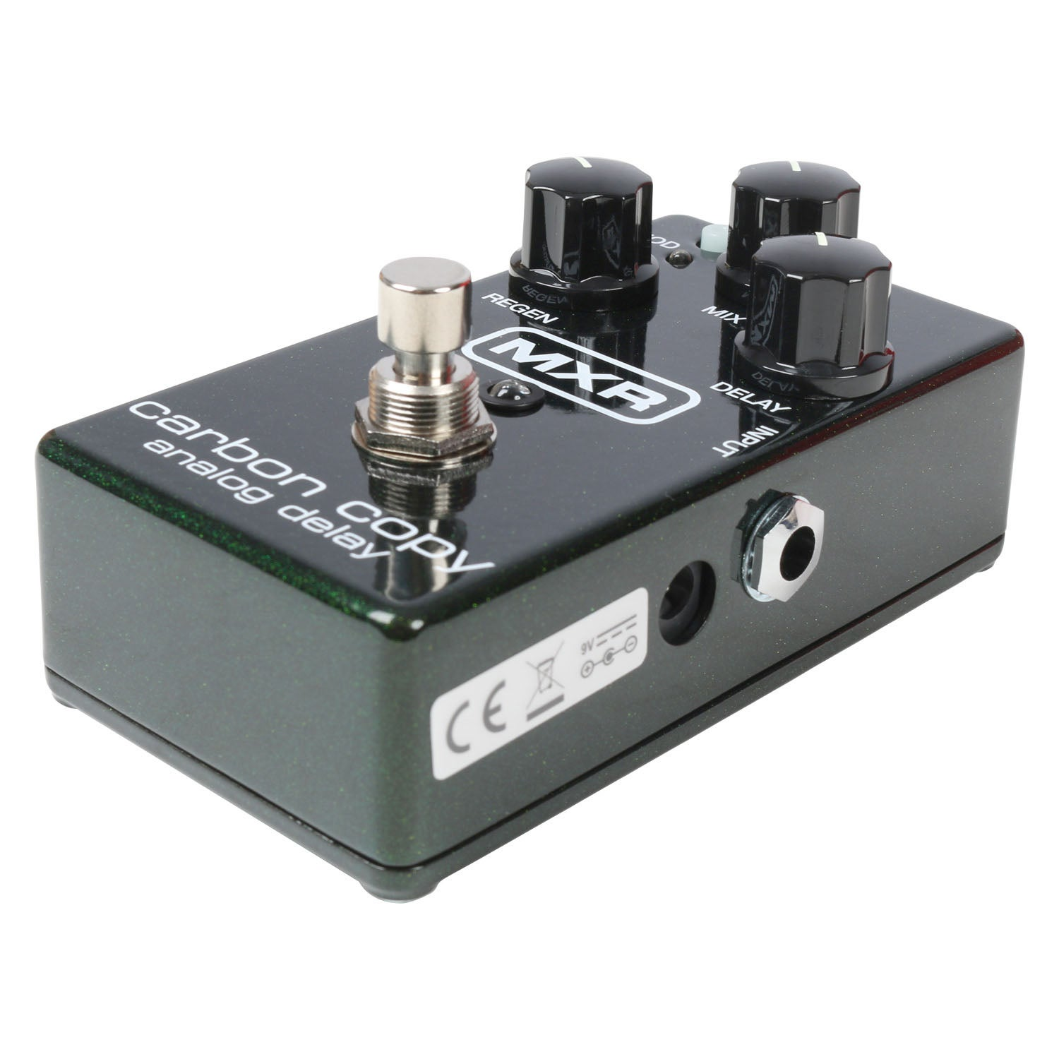 Donkergroen MXR Carbon Copy analoog delay pedaal met drie zwarte knoppen en zilveren footswitch.