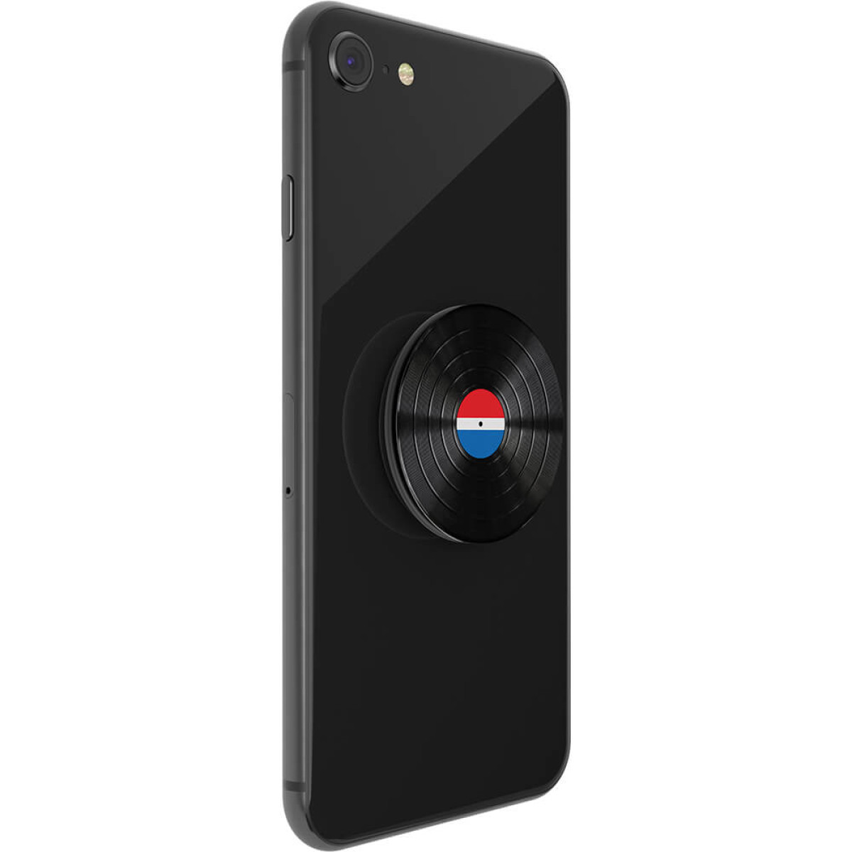 Smartphone nero con impugnatura disco in vinile. Rosso, bianco, blu.