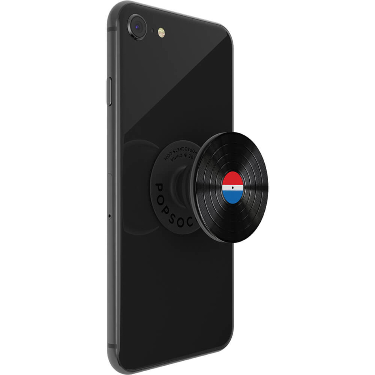 Smartphone nero con PopSocket effetto vinile che mostra la bandiera olandese.